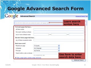 Google Advanced Search Form Use form to enter search data here Learn search syntax here 