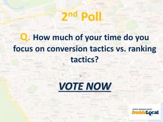 2nd Poll 
Q. How much of your time do you 
focus on conversion tactics vs. ranking 
tactics? 
VOTE NOW 
 