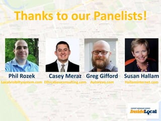 Upcoming Webinars 
DATE TIME TITLE PANELISTS 
Dec 10th 2pm EST / 11am PST Troubleshooting Local Ranking 
Issues 
Mary Bowling, 
Gyi Tsakalakis, 
Dev Basu 
Jan 14th 2pm EST / 11am PST State of Local Search in 2015 Mike Blumenthal, 
Mike Ramsey, 
Adam Dorfman 
Jan 28th 2pm EST / 11am PST Best Practices for Local Onsite 
Optimization 
Mary Bowling, 
Matthew Hunt, 
Mike Ramsey, 
Gyi Tsakalakis 
See More: Brightlocal.com/insidelocal 
 