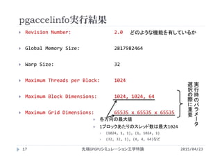 pgaccelinfo実行結果
 Revision Number:       2.0
 Global Memory Size:            2817982464
 Warp Size:                     32
 Maximum Threads per Block:     1024
 Maximum Block Dimensions:      1024, 1024, 64
 Maximum Grid Dimensions:       65535 x 65535 x 65535
どのような機能を有しているか
実
行
時
の
パ
ラ
メ
ー
タ
選
択
の
際
に
重
要
 各方向の最大値
 1ブロックあたりのスレッド数は最大1024
 (1024, 1, 1), (1, 1024, 1)
 (32, 32, 1), (4, 4, 64)など
2015/04/23先端GPGPUシミュレーション工学特論17
 