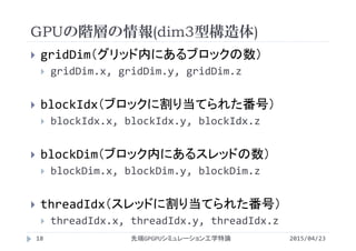 GPUの階層の情報(dim3型構造体)
2015/04/23先端GPGPUシミュレーション工学特論18
 gridDim（グリッド内にあるブロックの数）
 gridDim.x, gridDim.y, gridDim.z
 blockIdx（ブロックに割り当てられた番号）
 blockIdx.x, blockIdx.y, blockIdx.z
 blockDim（ブロック内にあるスレッドの数）
 blockDim.x, blockDim.y, blockDim.z
 threadIdx（スレッドに割り当てられた番号）
 threadIdx.x, threadIdx.y, threadIdx.z
 