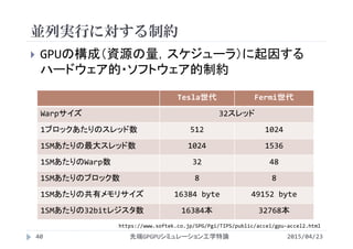 並列実行に対する制約
2015/04/23先端GPGPUシミュレーション工学特論40
 GPUの構成（資源の量，スケジューラ）に起因する
ハードウェア的・ソフトウェア的制約
Tesla世代 Fermi世代
Warpサイズ 32スレッド
1ブロックあたりのスレッド数 512 1024
1SMあたりの最大スレッド数 1024 1536
1SMあたりのWarp数 32 48
1SMあたりのブロック数 8 8
1SMあたりの共有メモリサイズ 16384 byte 49152 byte
1SMあたりの32bitレジスタ数 16384本 32768本
https://www.softek.co.jp/SPG/Pgi/TIPS/public/accel/gpu‐accel2.html
 
