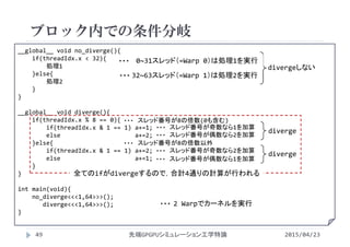 __global__ void no_diverge(){
if(threadIdx.x < 32){
処理1
}else{
処理2
}
}
__global__ void diverge(){
if(threadIdx.x % 8 == 0){
if(threadIdx.x & 1 == 1) a+=1;
else                     a+=2;
}else{
if(threadIdx.x & 1 == 1) a+=2;
else                     a+=1;
}
}
int main(void){
no_diverge<<<1,64>>>();
diverge<<<1,64>>>();
}
ブロック内での条件分岐
2015/04/23先端GPGPUシミュレーション工学特論49
スレッド番号が奇数なら1を加算・・・
スレッド番号が偶数なら2を加算・・・
スレッド番号が奇数なら2を加算・・・
スレッド番号が偶数なら1を加算・・・
diverge
diverge
スレッド番号が8の倍数(0も含む)・・・
スレッド番号が8の倍数以外・・・
全てのifがdivergeするので，合計4通りの計算が行われる
divergeしない
2 Warpでカーネルを実行・・・
0~31スレッド（=Warp 0）は処理1を実行・・・
32~63スレッド（=Warp 1）は処理2を実行・・・
 