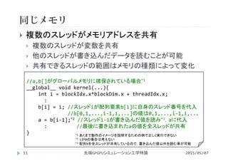同じメモリ
2015/05/07先端GPGPUシミュレーション工学特論11
 複数のスレッドがメモリアドレスを共有
 複数のスレッドが変数を共有
 他のスレッドが書き込んだデータを読むことが可能
 共有できるスレッドの範囲はメモリの種類によって変化
//a,b[]がグローバルメモリに確保されている場合*1
__global__ void kernel(...){
int i = blockIdx.x*blockDim.x + threadIdx.x;
:
b[i] = i; //スレッドiが配列要素b[i]に自身のスレッド番号を代入
//b[0,1,...,i‐1,i,...]の値は0,1,...,i‐1,i,...
a = b[i‐1];*2 //スレッドi‐1が書き込んだ値を読み*3，aに代入
:          //最後に書き込まれたaの値を全スレッドが共有
} *1 あくまで動作のイメージを説明するための例で正しく実行できない
*2 iが0の場合は考えない
*3 配列bを全スレッドが共有しているので，書き込んだ値以外を読む事が可能
 