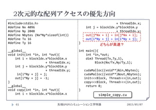 #include<stdio.h>
#define Nx 4096
#define Ny 2048
#define Nbytes (Nx*Ny*sizeof(int))
#define Tx 16
#define Ty 16
__global__ 
void init(int *in, int *out){
int i = blockIdx.x*blockDim.x
+ threadIdx.x;
int j = blockIdx.y*blockDim.y
+ threadIdx.y;
in[i*Ny + j] = j;
out[i*Ny + j] = ‐1;
}
__global__ 
void copy(int *in, int *out){
int i = blockIdx.x*blockDim.x
+ threadIdx.x;
int j = blockIdx.y*blockDim.y
+ threadIdx.y;
out[j*Nx + i] = in[j*Nx + i];
out[i*Ny + j] = in[i*Ny + j];
}
int main(){
int *in,*out;
dim3 Thread(Tx,Ty,1),
Block(Nx/Tx,Ny/Ty,1);
cudaMalloc((void**)&in,Nbytes);
cudaMalloc((void**)&out,Nbytes);
init<<<Block, Thread>>>(in,out);
copy<<<Block, Thread>>>(in,out);
return 0;
}
2次元的な配列アクセスの優先方向
2015/05/07先端GPGPUシミュレーション工学特論61
simple_copy.cu
どちらが高速？
 