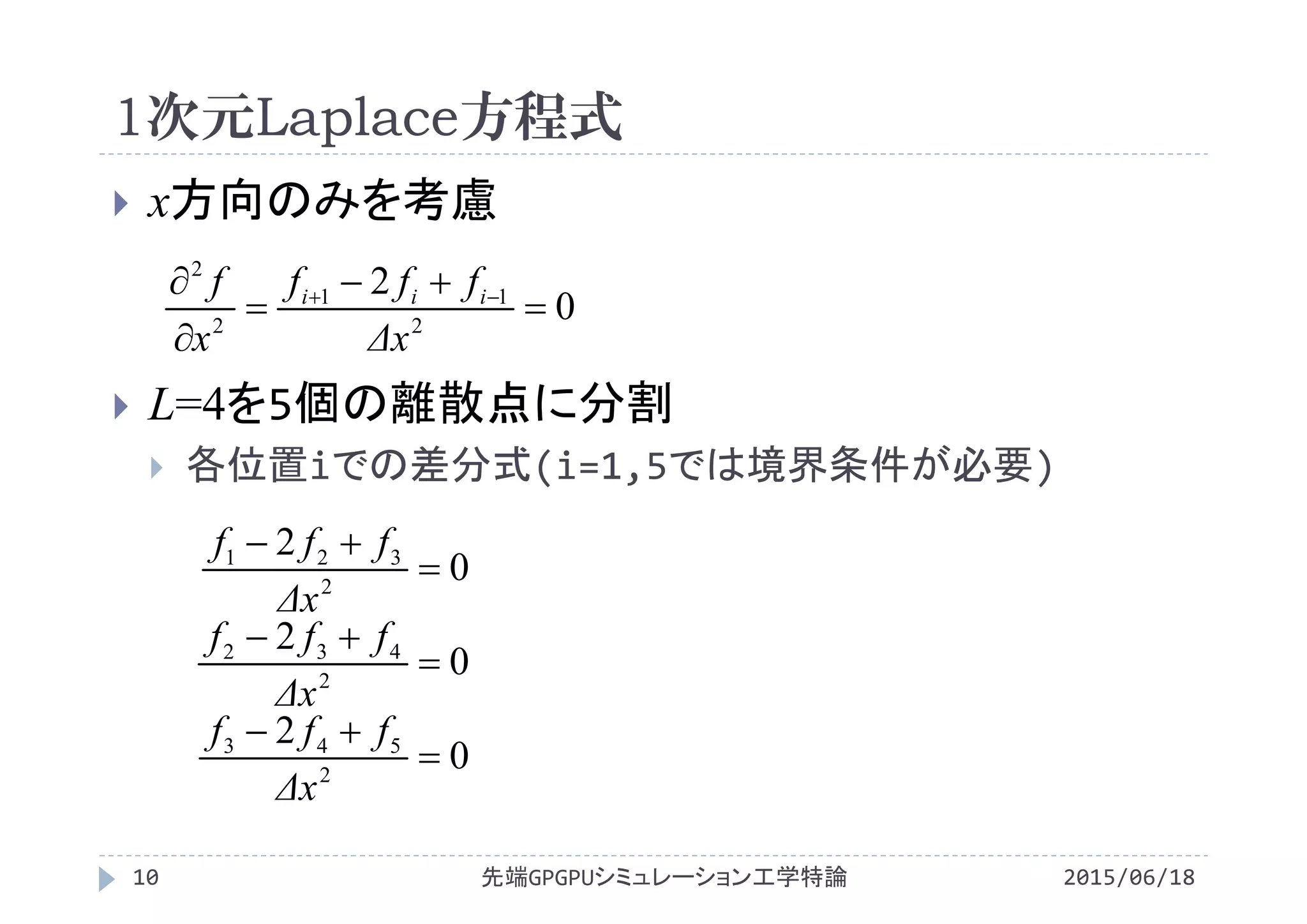 1次元Laplace方程式
2015/06/18先端GPGPUシミュレーション工学特論10
 x方向のみを考慮
 L=4を5個の離散点に分割
 各位置iでの差分式(i=1,5では境界条件が必要)
0
2
0
2
0
2
2
543
2
432
2
321






Δx
fff
Δx
fff
Δx
fff
0
2
2
11
2
2




 
Δx
fff
x
f iii
 