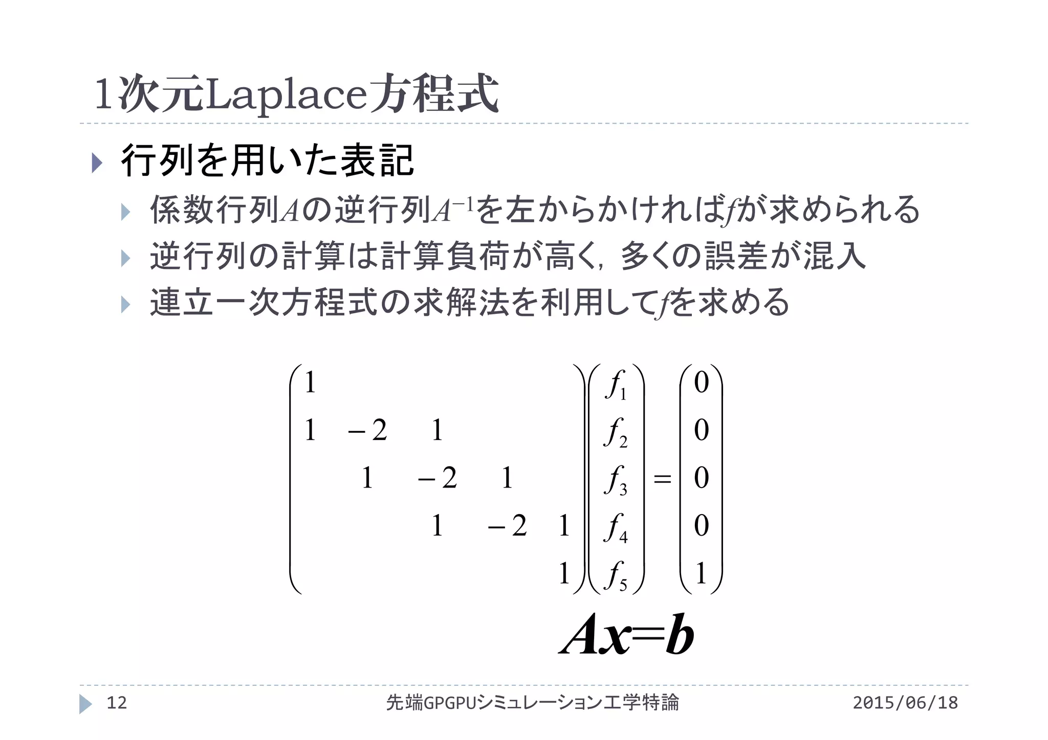 1次元Laplace方程式
2015/06/18先端GPGPUシミュレーション工学特論12
 行列を用いた表記
 係数行列Aの逆行列A−1を左からかければfが求められる
 逆行列の計算は計算負荷が高く，多くの誤差が混入
 連立一次方程式の求解法を利用してfを求める




















































1
0
0
0
0
1
121
121
121
1
5
4
3
2
1
f
f
f
f
f
Ax=b
 