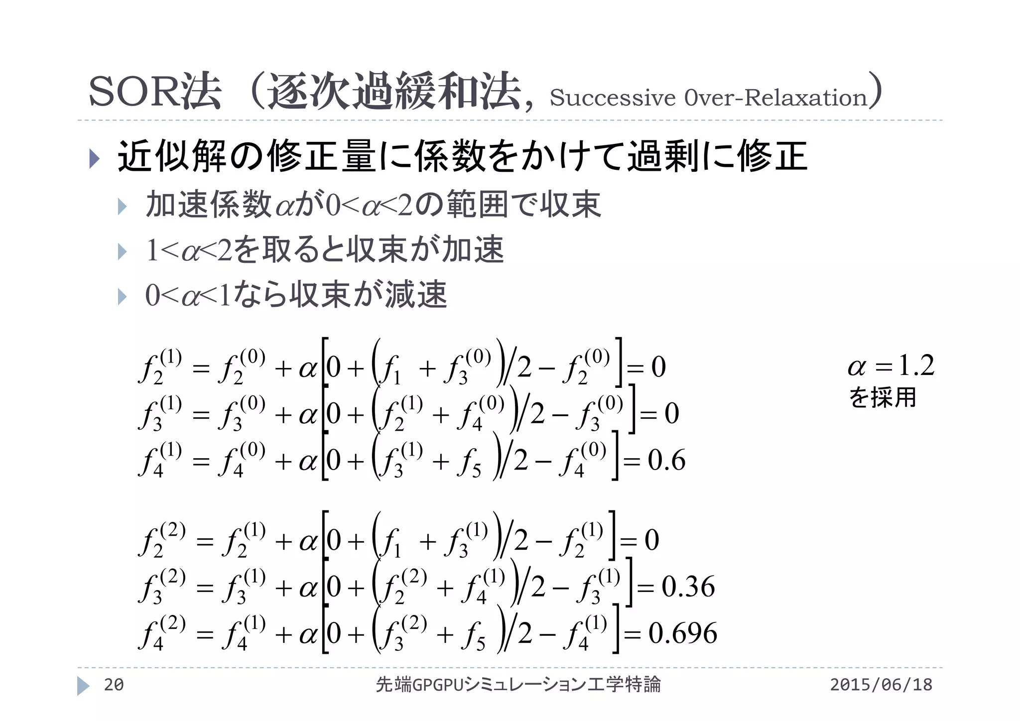 SOR法（逐次過緩和法, Successive 0ver-Relaxation）
2015/06/18先端GPGPUシミュレーション工学特論20
 近似解の修正量に係数をかけて過剰に修正
 加速係数が0<<2の範囲で収束
 1<<2を取ると収束が加速
 0<<1なら収束が減速
  
  
   696.020
36.020
020
)1(
45
)2(
3
)1(
4
)2(
4
)1(
3
)1(
4
)2(
2
)1(
3
)2(
3
)1(
2
)1(
31
)1(
2
)2(
2



fffff
fffff
fffff



  
  
   6.020
020
020
)0(
45
)1(
3
)0(
4
)1(
4
)0(
3
)0(
4
)1(
2
)0(
3
)1(
3
)0(
2
)0(
31
)0(
2
)1(
2



fffff
fffff
fffff


 2.1
を採用
 