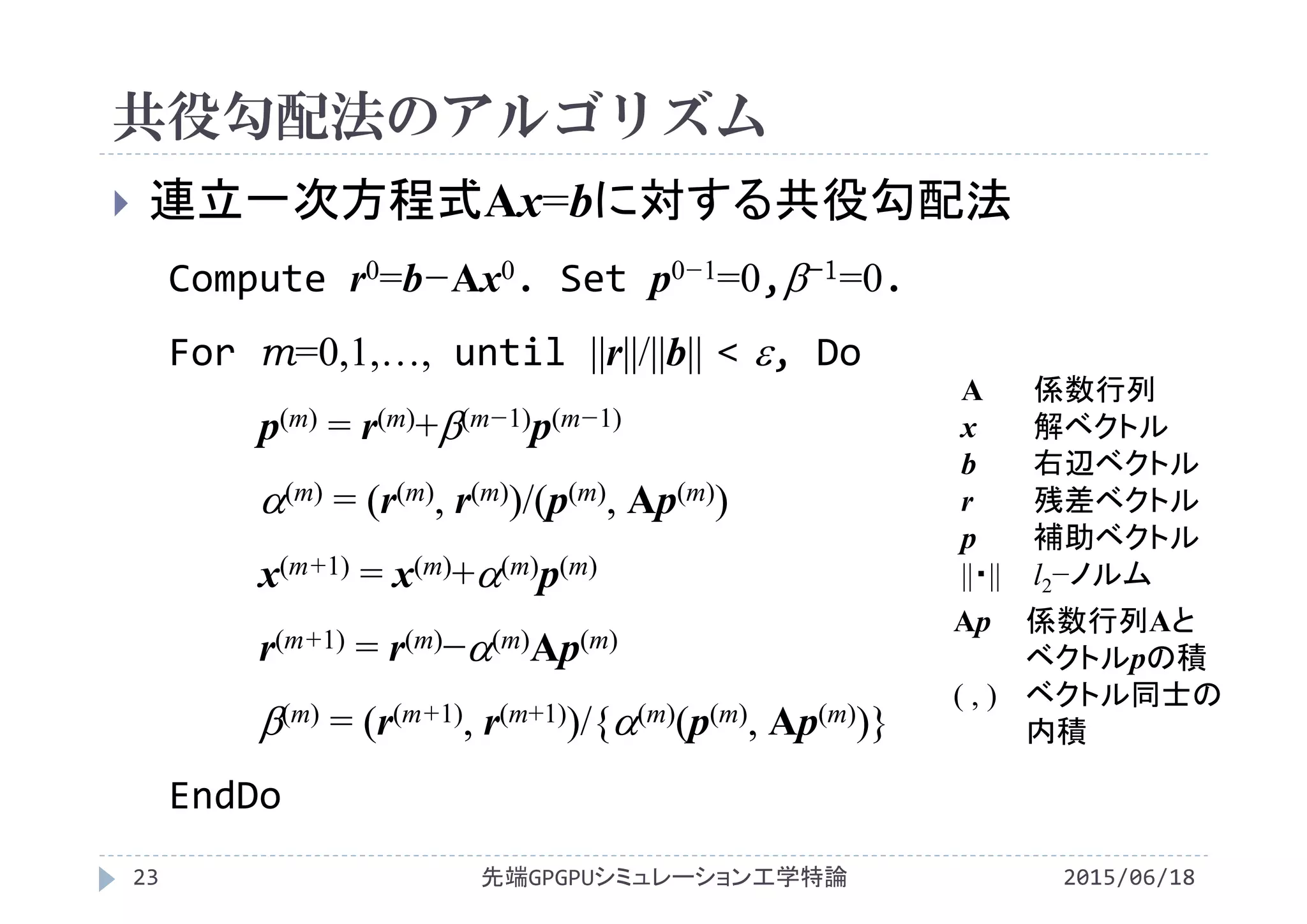 共役勾配法のアルゴリズム
2015/06/18先端GPGPUシミュレーション工学特論23
 連立一次方程式Ax=bに対する共役勾配法
Compute r0=b−Ax0. Set p0−1=0,−1=0.
For m=0,1,…, until ||r||/||b|| < , Do
p(m) = r(m)+(m−1)p(m−1)
(m) = (r(m), r(m))/(p(m), Ap(m))
x(m+1) = x(m)+(m)p(m)
r(m+1) = r(m)−(m)Ap(m)
(m) = (r(m+1), r(m+1))/{(m)(p(m), Ap(m))}
EndDo
Ap 係数行列Aと
ベクトルpの積
( , ) ベクトル同士の
内積
A 係数行列
x 解ベクトル
b 右辺ベクトル
r 残差ベクトル
p 補助ベクトル
||・|| l2−ノルム
 