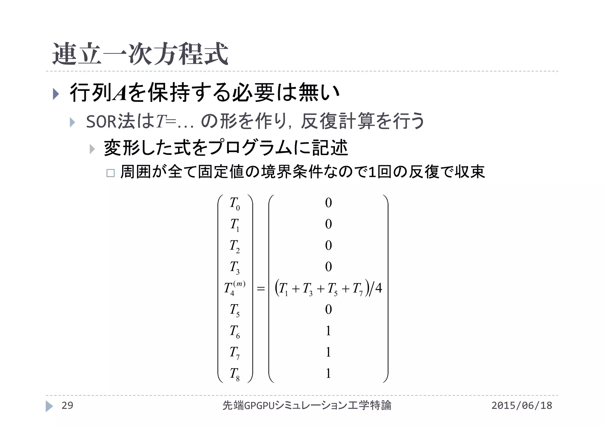 連立一次方程式
2015/06/18先端GPGPUシミュレーション工学特論29
 行列Aを保持する必要は無い
 SOR法はT=… の形を作り，反復計算を行う
 変形した式をプログラムに記述
 周囲が全て固定値の境界条件なので1回の反復で収束
 





























































1
1
1
0
4
0
0
0
0
7531
8
7
6
5
)(
4
3
2
1
0
TTTT
T
T
T
T
T
T
T
T
T
m
 
