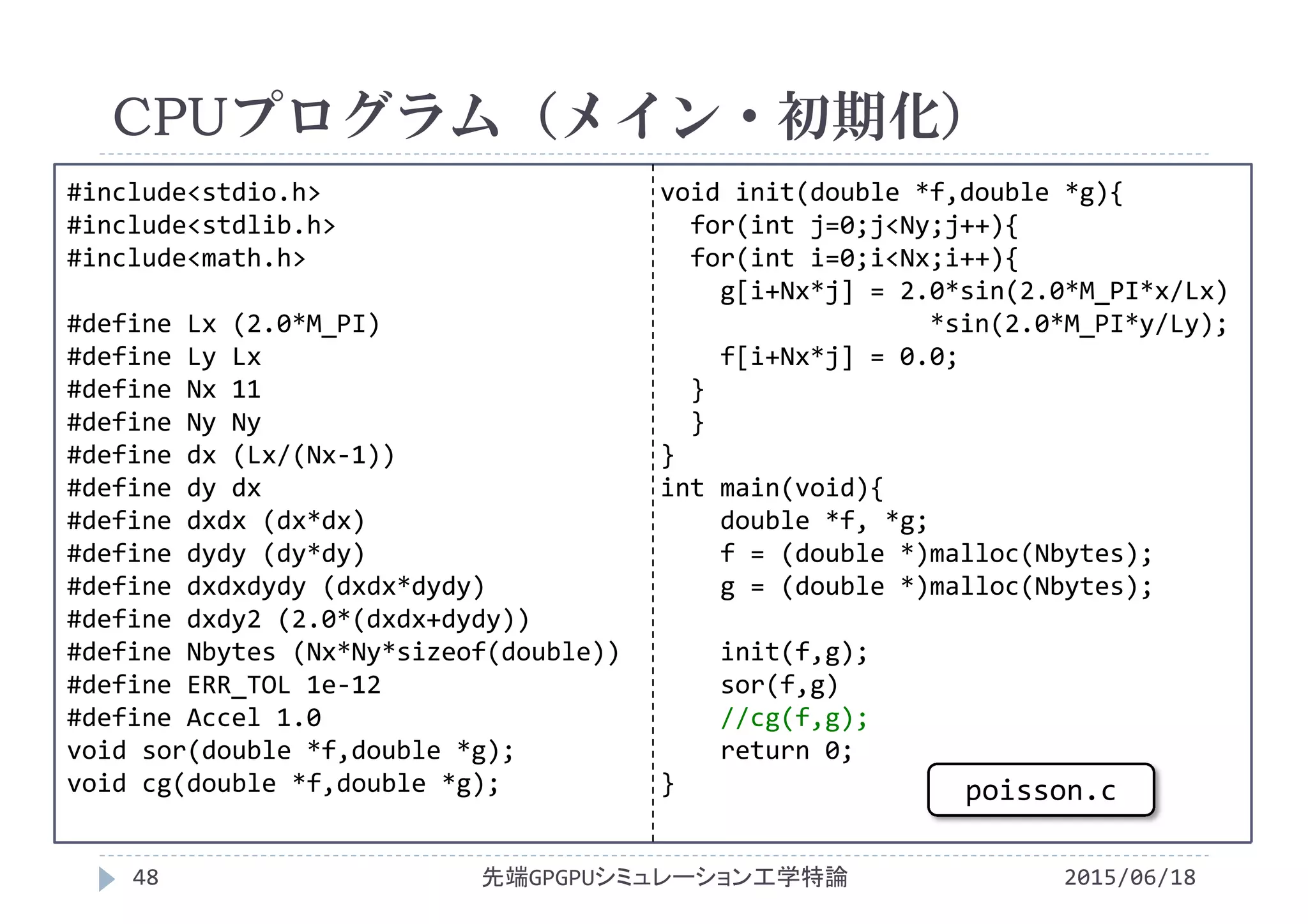 #include<stdio.h>
#include<stdlib.h>
#include<math.h>
#define Lx (2.0*M_PI)
#define Ly Lx
#define Nx 11
#define Ny Ny
#define dx (Lx/(Nx‐1))
#define dy dx
#define dxdx (dx*dx)
#define dydy (dy*dy)
#define dxdxdydy (dxdx*dydy)
#define dxdy2 (2.0*(dxdx+dydy))
#define Nbytes (Nx*Ny*sizeof(double))
#define ERR_TOL 1e‐12
#define Accel 1.0
void sor(double *f,double *g);
void cg(double *f,double *g);
void init(double *f,double *g){
for(int j=0;j<Ny;j++){
for(int i=0;i<Nx;i++){
g[i+Nx*j] = 2.0*sin(2.0*M_PI*x/Lx)
*sin(2.0*M_PI*y/Ly);
f[i+Nx*j] = 0.0;
}
}
}
int main(void){
double *f, *g;
f = (double *)malloc(Nbytes);
g = (double *)malloc(Nbytes);
init(f,g);
sor(f,g)
//cg(f,g);
return 0;
}
CPUプログラム（メイン・初期化）
2015/06/18先端GPGPUシミュレーション工学特論48
poisson.c
 