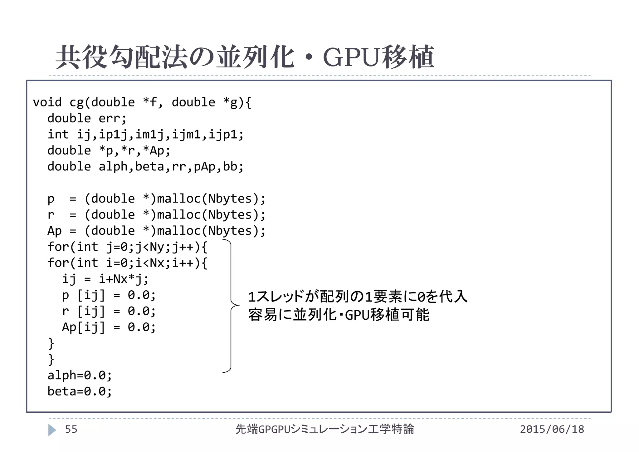 void cg(double *f, double *g){
double err;
int ij,ip1j,im1j,ijm1,ijp1;
double *p,*r,*Ap;
double alph,beta,rr,pAp,bb;
p  = (double *)malloc(Nbytes);
r  = (double *)malloc(Nbytes);
Ap = (double *)malloc(Nbytes);
for(int j=0;j<Ny;j++){
for(int i=0;i<Nx;i++){
ij = i+Nx*j;
p [ij] = 0.0;
r [ij] = 0.0;
Ap[ij] = 0.0;
}
}
alph=0.0;
beta=0.0;
共役勾配法の並列化・GPU移植
2015/06/18先端GPGPUシミュレーション工学特論55
1スレッドが配列の1要素に0を代入
容易に並列化・GPU移植可能
 