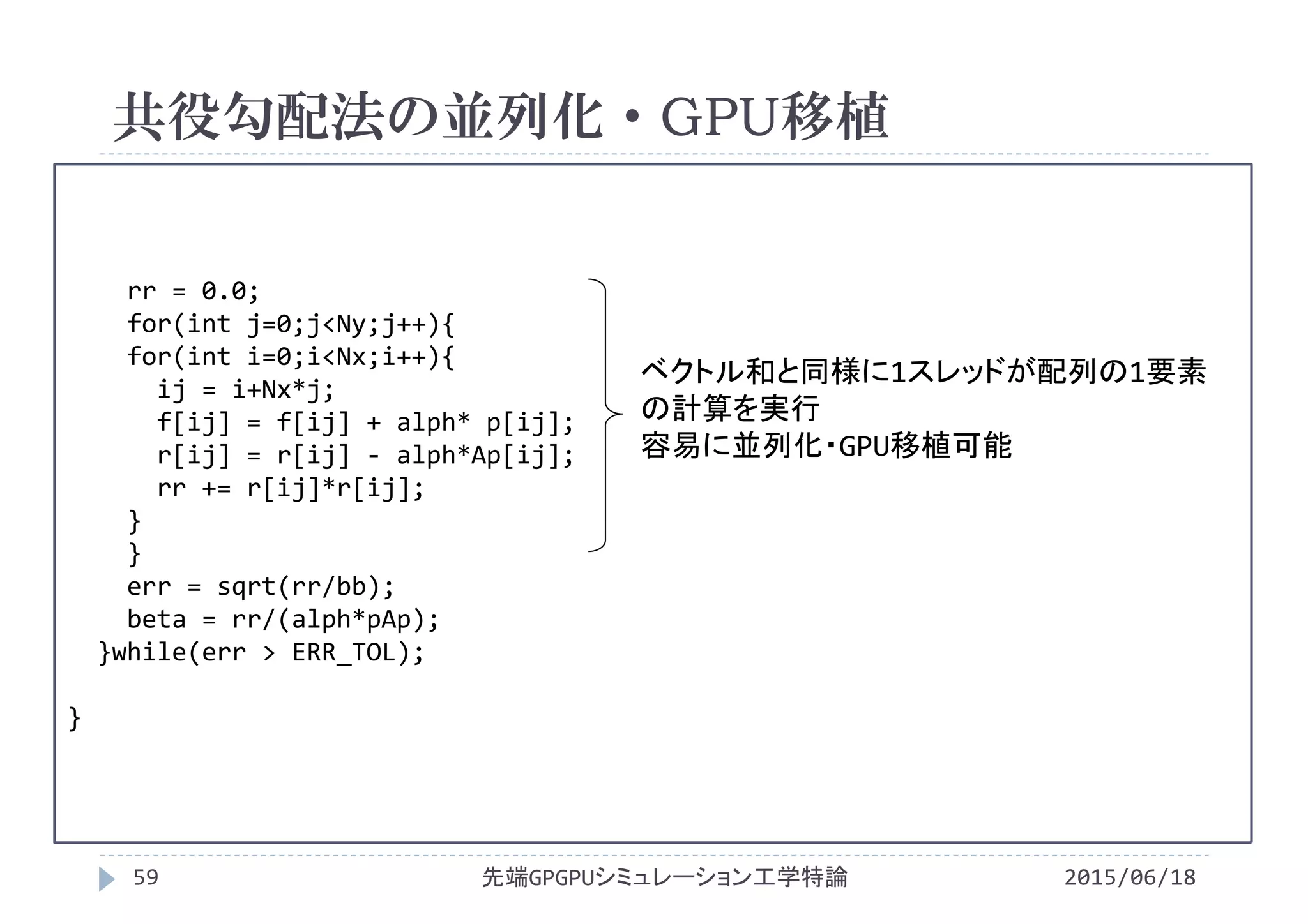 rr = 0.0;
for(int j=0;j<Ny;j++){
for(int i=0;i<Nx;i++){
ij = i+Nx*j;
f[ij] = f[ij] + alph* p[ij];
r[ij] = r[ij] ‐ alph*Ap[ij];
rr += r[ij]*r[ij];
}
}
err = sqrt(rr/bb);
beta = rr/(alph*pAp);
}while(err > ERR_TOL);
}
共役勾配法の並列化・GPU移植
2015/06/18先端GPGPUシミュレーション工学特論59
ベクトル和と同様に1スレッドが配列の1要素
の計算を実行
容易に並列化・GPU移植可能
 