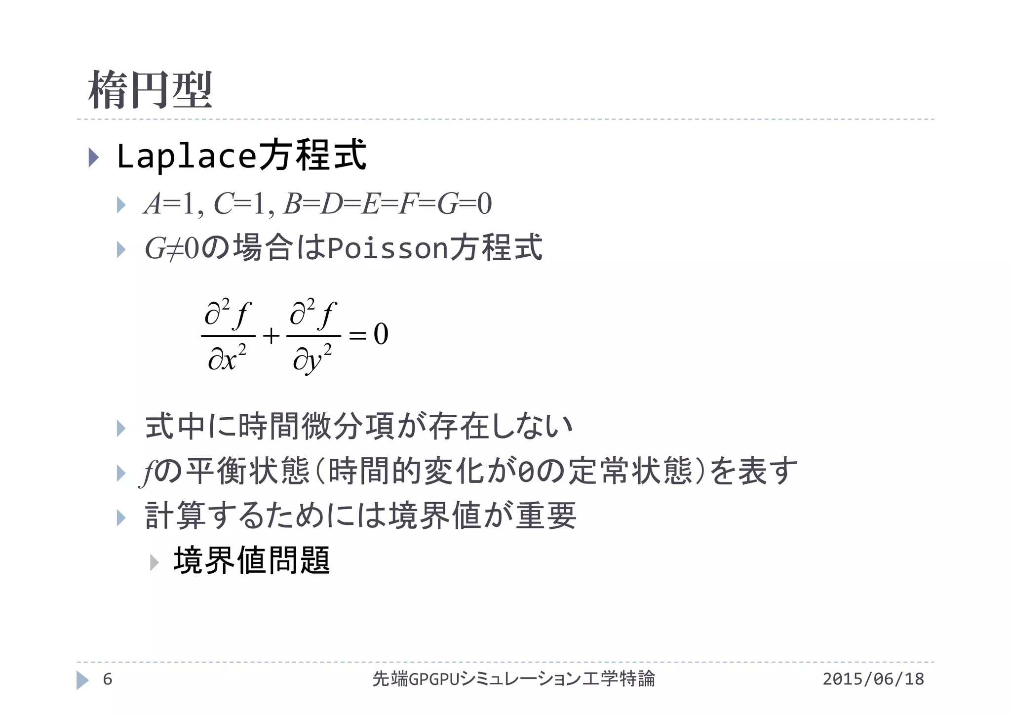 楕円型
2015/06/18先端GPGPUシミュレーション工学特論6
 Laplace方程式
 A=1, C=1, B=D=E=F=G=0
 G≠0の場合はPoisson方程式
 式中に時間微分項が存在しない
 fの平衡状態（時間的変化が0の定常状態）を表す
 計算するためには境界値が重要
 境界値問題
02
2
2
2






y
f
x
f
 