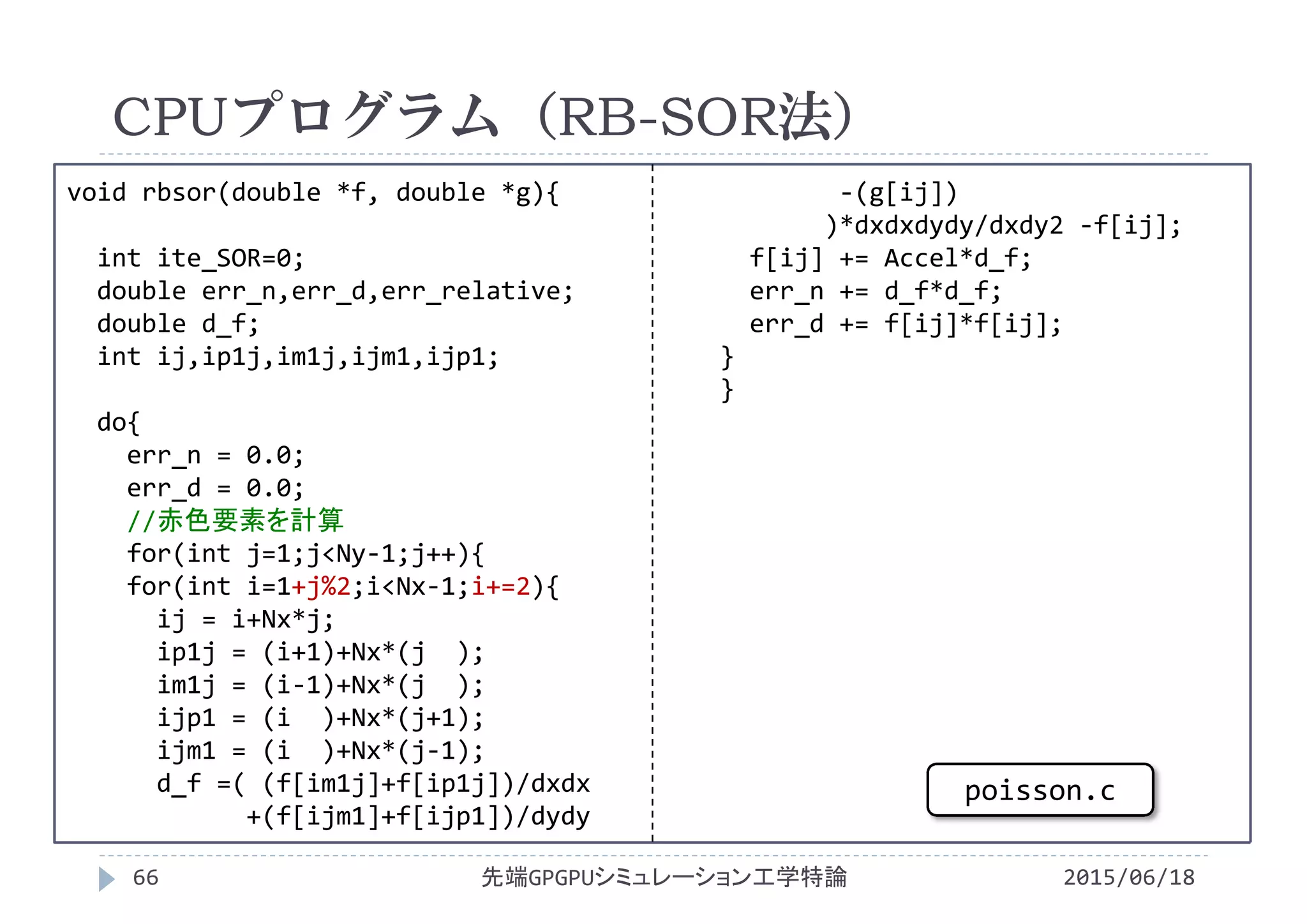 void rbsor(double *f, double *g){
int ite_SOR=0;
double err_n,err_d,err_relative;
double d_f;
int ij,ip1j,im1j,ijm1,ijp1;
do{
err_n = 0.0;
err_d = 0.0;
//赤色要素を計算
for(int j=1;j<Ny‐1;j++){
for(int i=1+j%2;i<Nx‐1;i+=2){
ij = i+Nx*j;
ip1j = (i+1)+Nx*(j  );
im1j = (i‐1)+Nx*(j  );
ijp1 = (i )+Nx*(j+1);
ijm1 = (i )+Nx*(j‐1);
d_f =( (f[im1j]+f[ip1j])/dxdx
+(f[ijm1]+f[ijp1])/dydy
‐(g[ij])
)*dxdxdydy/dxdy2 ‐f[ij];
f[ij] += Accel*d_f;
err_n += d_f*d_f;
err_d += f[ij]*f[ij];
}
}
CPUプログラム（RB-SOR法）
2015/06/18先端GPGPUシミュレーション工学特論66
poisson.c
 