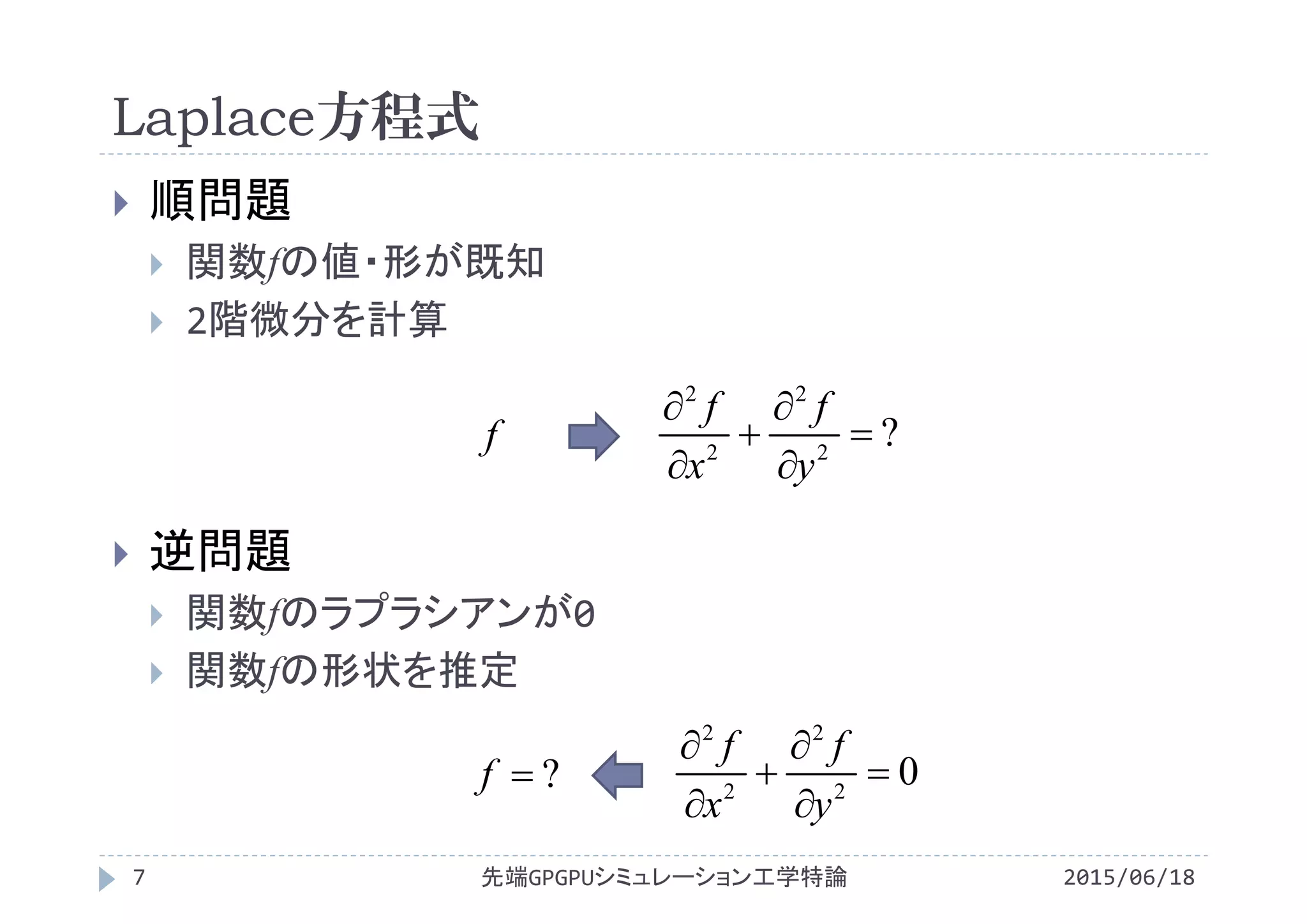 Laplace方程式
2015/06/18先端GPGPUシミュレーション工学特論7
 順問題
 関数fの値・形が既知
 2階微分を計算
 逆問題
 関数fのラプラシアンが0
 関数fの形状を推定
?2
2
2
2






y
f
x
f
f
02
2
2
2






y
f
x
f
?f
 