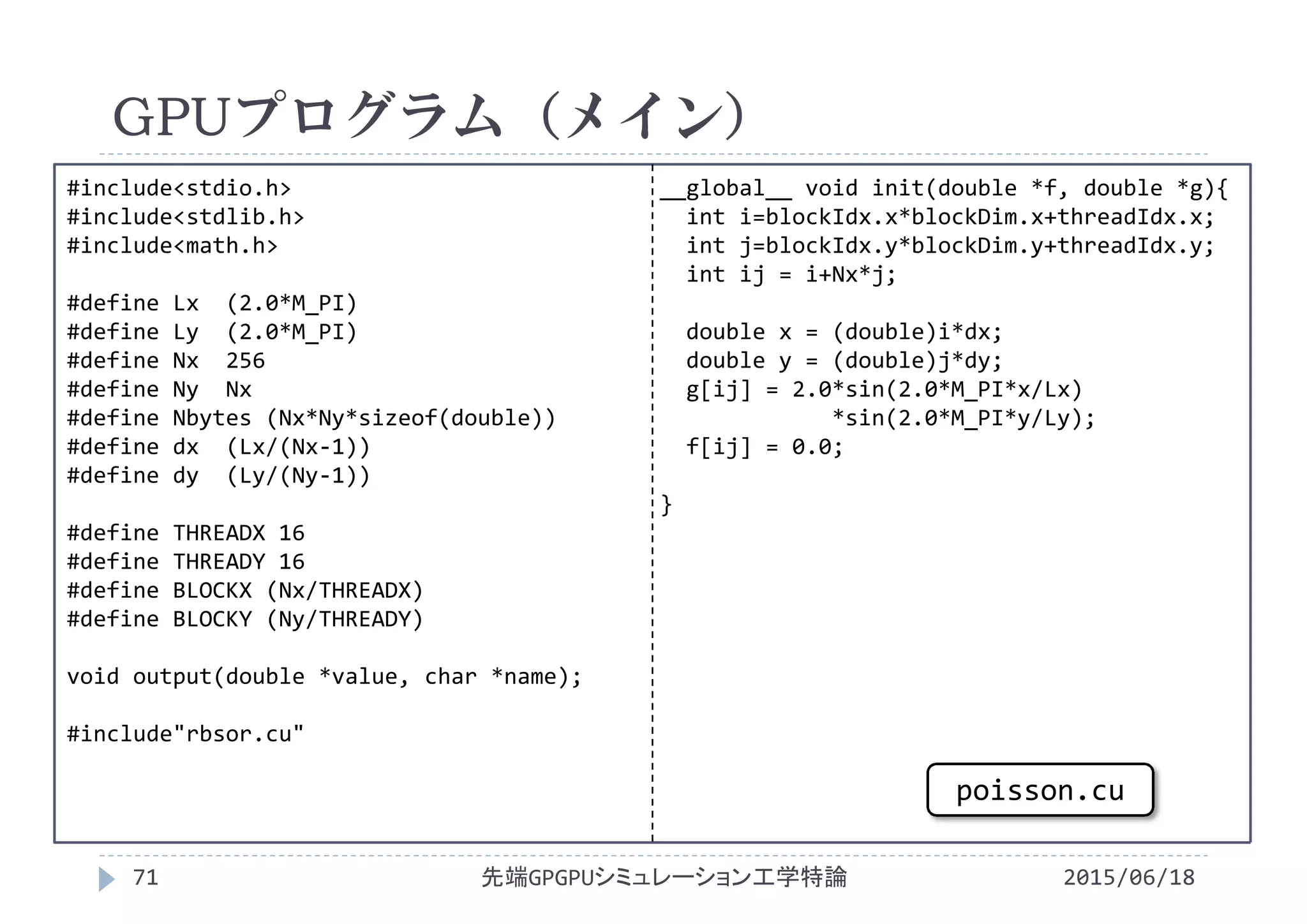 #include<stdio.h>
#include<stdlib.h>
#include<math.h>
#define Lx  (2.0*M_PI)
#define Ly  (2.0*M_PI)
#define Nx 256
#define Ny Nx
#define Nbytes (Nx*Ny*sizeof(double))
#define dx  (Lx/(Nx‐1))
#define dy (Ly/(Ny‐1))
#define THREADX 16
#define THREADY 16
#define BLOCKX (Nx/THREADX)
#define BLOCKY (Ny/THREADY)
void output(double *value, char *name);
#include"rbsor.cu"
__global__ void init(double *f, double *g){
int i=blockIdx.x*blockDim.x+threadIdx.x;
int j=blockIdx.y*blockDim.y+threadIdx.y;
int ij = i+Nx*j;
double x = (double)i*dx;
double y = (double)j*dy;
g[ij] = 2.0*sin(2.0*M_PI*x/Lx)
*sin(2.0*M_PI*y/Ly);
f[ij] = 0.0; 
}
GPUプログラム（メイン）
2015/06/18先端GPGPUシミュレーション工学特論71
poisson.cu
 