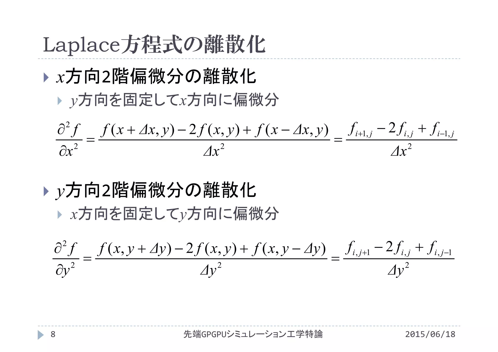 Laplace方程式の離散化
 x方向2階偏微分の離散化
 y方向を固定してx方向に偏微分
 y方向2階偏微分の離散化
 x方向を固定してy方向に偏微分
2
,1,,1
22
2
2),(),(2),(
Δx
fff
Δx
yΔxxfyxfyΔxxf
x
f jijiji  





2
1,,1,
22
2
2),(),(2),(
Δy
fff
Δy
ΔyyxfyxfΔyyxf
y
f jijiji  





先端GPGPUシミュレーション工学特論8 2015/06/18
 
