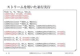 float *a, *b, *dev_a, *dev_b;
cudaStream_t stream1, stream2;
cudaStreamCreate(&stream1);
cudaStreamCreate(&stream2);
cudaMalloc((void **)&dev_a, NBytes);
cudaMalloc((void **)&dev_b, NBytes);
cudaHostAlloc((void **)&a, NBytes, cudaHostAllocDefault);
cudaHostAlloc((void **)&b, NBytes, cudaHostAllocDefault);
cudaMemcpyAsync(dev_a, a, Nbytes, cudaMemcpyHostToDevice, stream1);
cudaMemcpyAsync(dev_b, b, Nbytes, cudaMemcpyHostToDevice, stream2);
kernel1<<<1, NT, 0, stream1>>>(dev_a);
kernel2<<<1, NT, 0, stream2>>>(dev_b);
cudaMemcpyAsync(a, dev_a, Nbytes, cudaMemcpyDeviceToHost, stream1);
cudaMemcpyAsync(a, dev_a, Nbytes, cudaMemcpyDeviceToHost, stream2);
cudaDeviceSynchronize();
ストリームを用いた並行実行
2015/07/23先端GPGPUシミュレーション工学特論15
 
