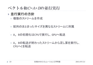 ベクトル和C=A+Bの並行実行
2015/07/23先端GPGPUシミュレーション工学特論19
 並行実行の方針
 複数のストリームを作成
 配列のまとまったサイズを異なるストリームに所属
 A, Bの初期化はCPUで実行し，GPUへ転送
 A, Bの転送が終わったストリームから足し算を実行し，
CPUへCを転送
 