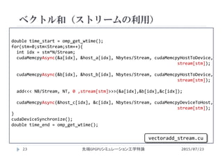 double time_start = omp_get_wtime();
for(stm=0;stm<Stream;stm++){
int idx = stm*N/Stream;
cudaMemcpyAsync(&a[idx], &host_a[idx], Nbytes/Stream, cudaMemcpyHostToDevice, 
stream[stm]);
cudaMemcpyAsync(&b[idx], &host_b[idx], Nbytes/Stream, cudaMemcpyHostToDevice, 
stream[stm]);
add<<< NB/Stream, NT, 0 ,stream[stm]>>>(&a[idx],&b[idx],&c[idx]);
cudaMemcpyAsync(&host_c[idx], &c[idx], Nbytes/Stream, cudaMemcpyDeviceToHost, 
stream[stm]);
}
cudaDeviceSynchronize();
double time_end = omp_get_wtime();
ベクトル和（ストリームの利用）
2015/07/23先端GPGPUシミュレーション工学特論23
vectoradd_stream.cu
 