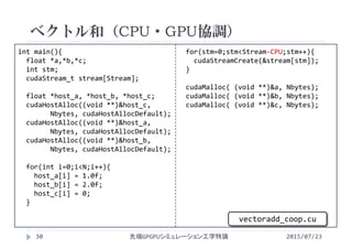 int main(){
float *a,*b,*c;
int stm;
cudaStream_t stream[Stream];
float *host_a, *host_b, *host_c;
cudaHostAlloc((void **)&host_c,
Nbytes, cudaHostAllocDefault);
cudaHostAlloc((void **)&host_a,
Nbytes, cudaHostAllocDefault);
cudaHostAlloc((void **)&host_b,
Nbytes, cudaHostAllocDefault);
for(int i=0;i<N;i++){
host_a[i] = 1.0f;
host_b[i] = 2.0f;
host_c[i] = 0;
}
for(stm=0;stm<Stream‐CPU;stm++){
cudaStreamCreate(&stream[stm]);
}
cudaMalloc( (void **)&a, Nbytes);
cudaMalloc( (void **)&b, Nbytes);
cudaMalloc( (void **)&c, Nbytes);
ベクトル和（CPU・GPU協調）
2015/07/23先端GPGPUシミュレーション工学特論30
vectoradd_coop.cu
 