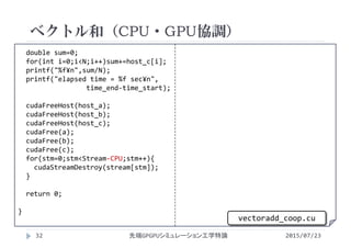 double sum=0;
for(int i=0;i<N;i++)sum+=host_c[i];
printf("%f¥n",sum/N);
printf("elapsed time = %f sec¥n",
time_end‐time_start);
cudaFreeHost(host_a);
cudaFreeHost(host_b);
cudaFreeHost(host_c);
cudaFree(a);
cudaFree(b);
cudaFree(c);
for(stm=0;stm<Stream‐CPU;stm++){
cudaStreamDestroy(stream[stm]);
}
return 0;
}
ベクトル和（CPU・GPU協調）
2015/07/23先端GPGPUシミュレーション工学特論32
vectoradd_coop.cu
 
