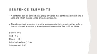 S E N T E N C E E L E M E N T S
• A sentence can be defined as a group of words that contains a subject and a
verb and which makes sense or carries meaning.
• The elements of a sentence are the various units that come together to form
the structure of a sentence. A sentence can consist of five units as follow:
Subject  S
Verb  V
Object  O
Adverbial (Adjunct)  A
Complement  C
 