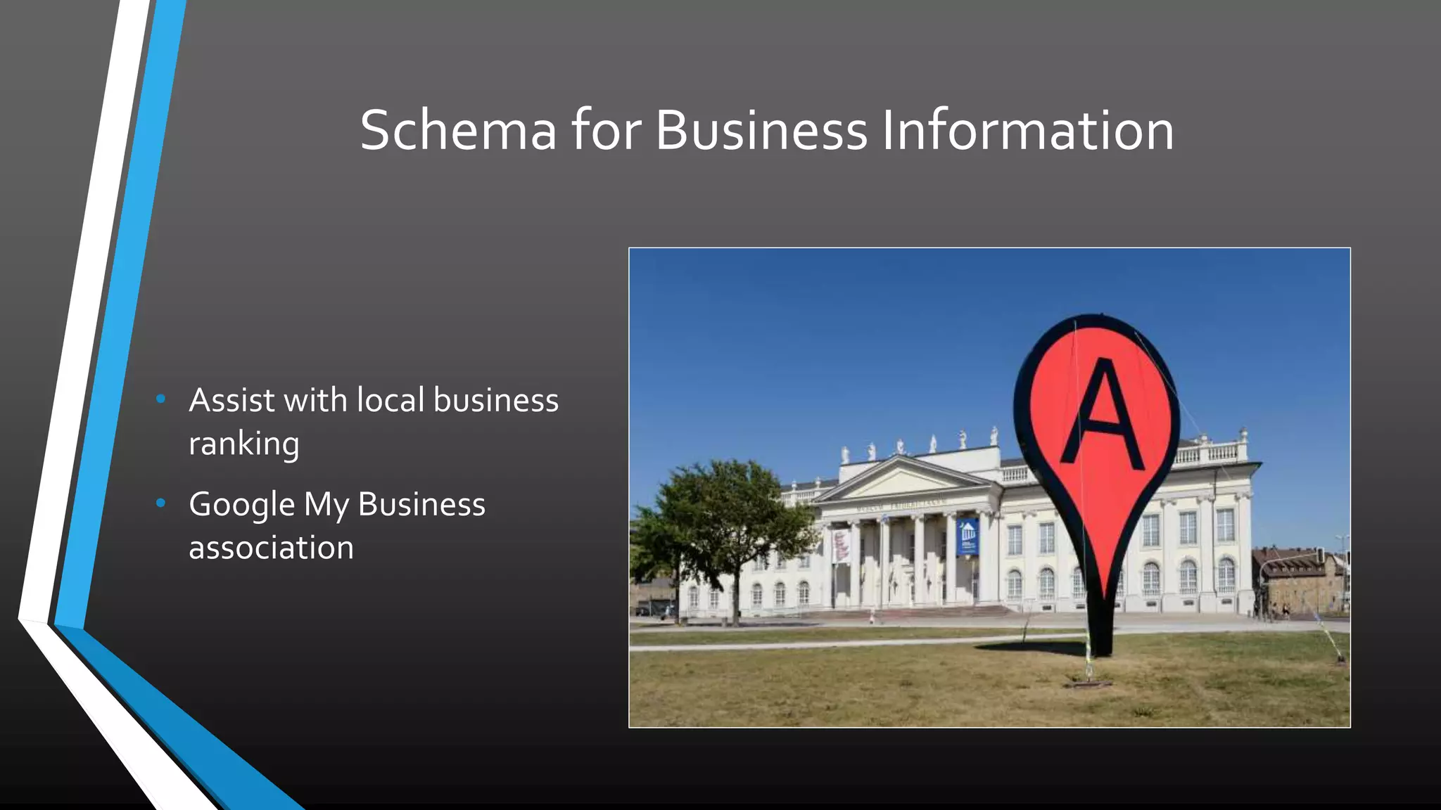 Schema for Business Information
• Assist with local business
ranking
• Google My Business
association
 