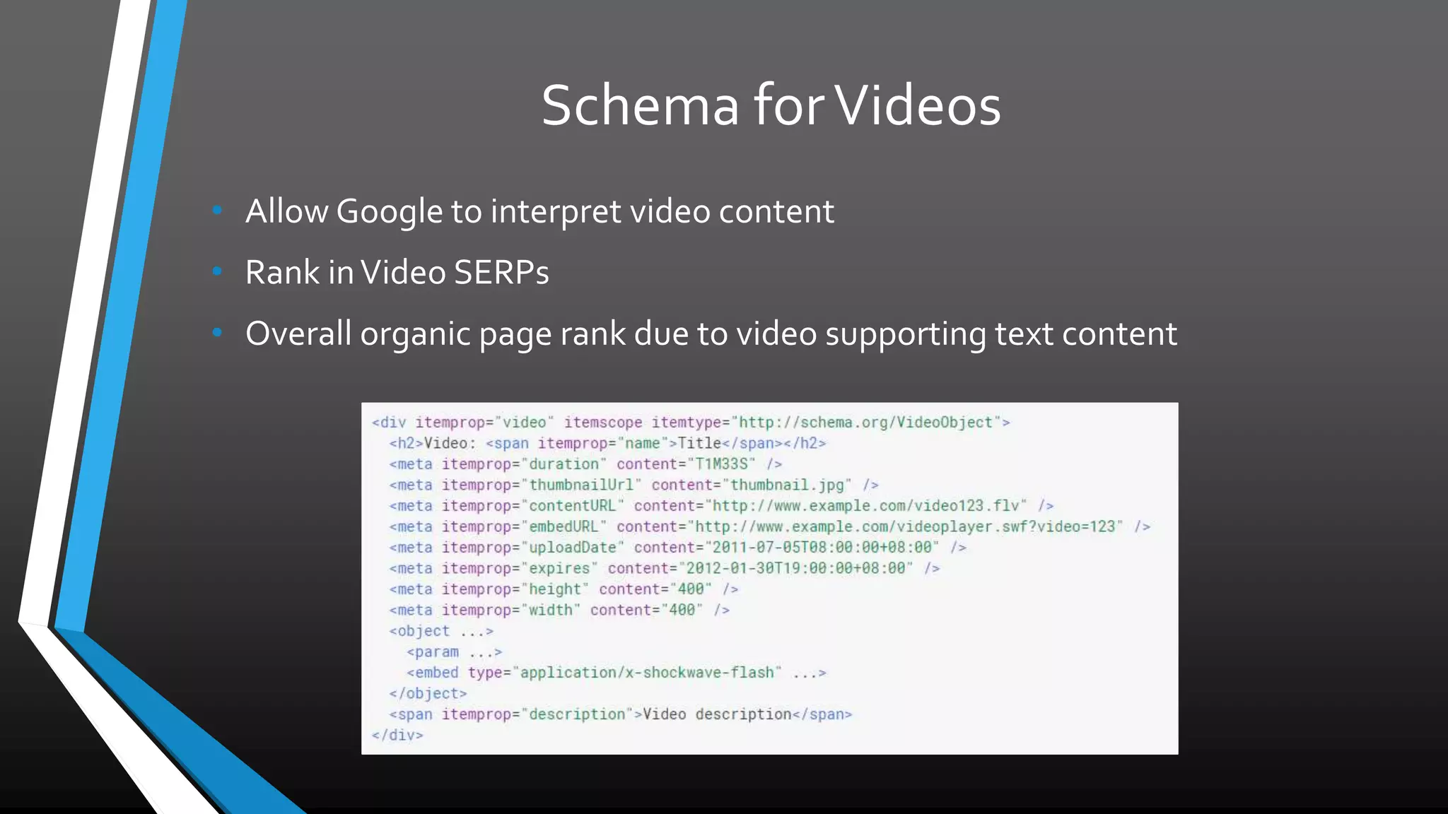 Schema forVideos
• Allow Google to interpret video content
• Rank inVideo SERPs
• Overall organic page rank due to video supporting text content
 