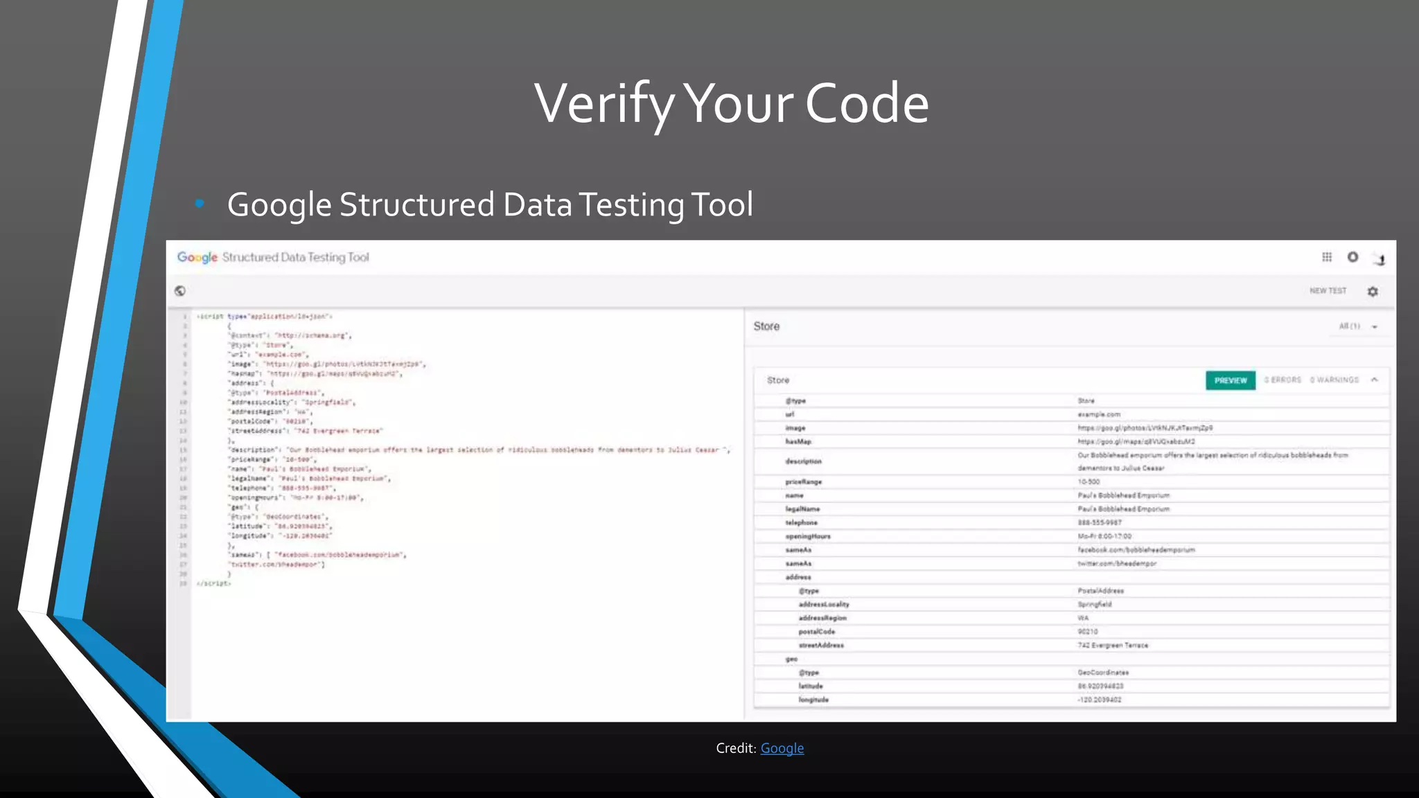 VerifyYour Code
• Google Structured Data Testing Tool
Credit: Google
 