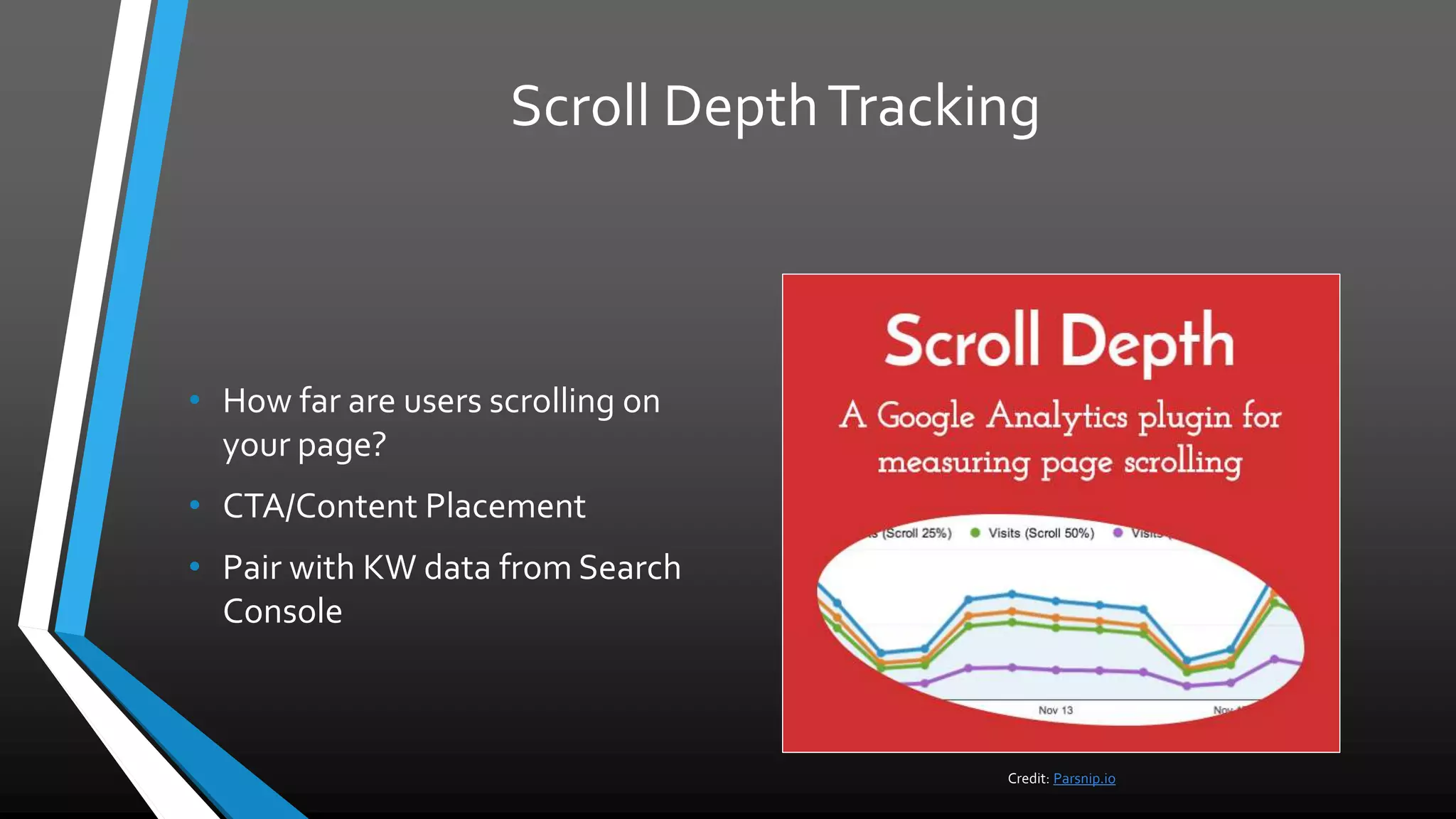Scroll DepthTracking
• How far are users scrolling on
your page?
• CTA/Content Placement
• Pair with KW data from Search
Console
Credit: Parsnip.io
 