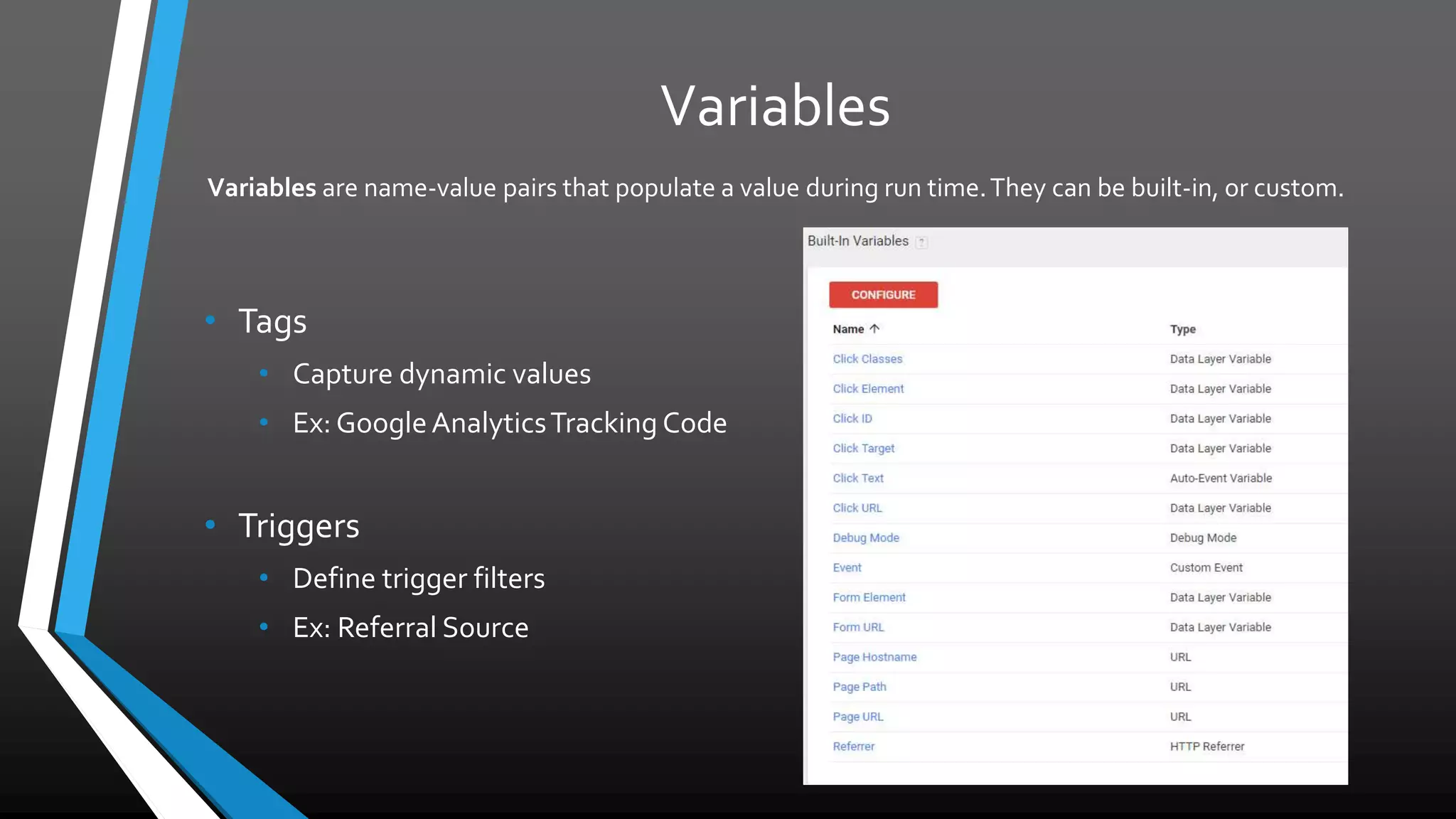 Variables
• Variables inTags
• Capture dynamic values
• Ex: Google AnalyticsTracking Code
• Variables inTriggers
• Define trigger filters
• Ex: Referral Source
Variables are name-value pairs that populate a value during run time. They can be built-in, or custom.
 
