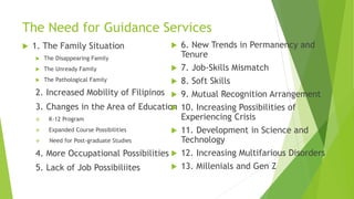 The Need for Guidance Services
 1. The Family Situation
 The Disappearing Family
 The Unready Family
 The Pathological Family
2. Increased Mobility of Filipinos
3. Changes in the Area of Education
 K-12 Program
 Expanded Course Possibilities
 Need for Post-graduate Studies
4. More Occupational Possibilities
5. Lack of Job Possibiliites
 6. New Trends in Permanency and
Tenure
 7. Job-Skills Mismatch
 8. Soft Skills
 9. Mutual Recognition Arrangement
 10. Increasing Possibilities of
Experiencing Crisis
 11. Development in Science and
Technology
 12. Increasing Multifarious Disorders
 13. Millenials and Gen Z
 