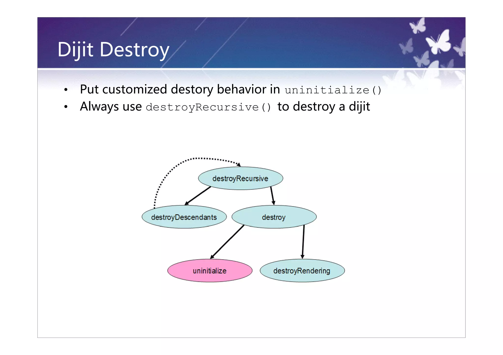 Dijit Destroy
•   Put customized destory behavior in uninitialize()
•   Always use destroyRecursive() to destroy a dijit
 