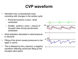 CVP waveform
•   Waveform has a characteristic trace
    coinciding with changes in the cardiac cycle:
     – Prominent positive a wave - atrial
       contraction
     – Smaller, positive c wave – closure of
       tricuspid valve during isovolumetric
       contraction
•   Atrial relaxation decreases in atrial pressure
    (x descent)
•   Filling of the atrium causes pressures to rise
    again (v wave)
•   This is followed by the y descent, a negative
    waveform reflecting ventricular filling as the
    tricuspid valve opens
 