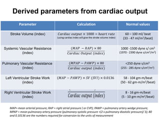 Derived parameters from cardiac output
           Parameter                                    Calculation                           Normal values

    Stroke Volume (index)                                                                    60 – 100 ml/ beat
                                                                                           (33 - 47 ml/m2/beat)

 Systemic Vascular Resistance                                                             1000 -1500 dyne s/ cm5
           (index)                                                                      (1970 - 2390 dyne s/cm5/m2)


Pulmonary Vascular Resistance                                                                <250 dyne s/cm5
           (index)                                                                        (255 - 285 dyne s/cm5/m2)


 Left Ventricular Stroke Work                                                              58 - 104 gm-m/beat
            (index)                                                                      (50 - 62 gm-m/m2/beat)

 Right Ventricular Stroke Work                                                               8 - 16 gm-m/beat
            (index)                                                                       (5 - 10 gm-m/m2/beat)


    MAP= mean arterial pressure; RAP = right atrial pressure ( or CVP); PAWP = pulmonary artery wedge pressure;
    MPAP = mean pulmonary artery pressure (pulmonary systolic pressure +(2 x pulmonary diastolic pressure)/ 3); 80
    and 0.10136 are the numbers required for conversion to the units of measurement
 