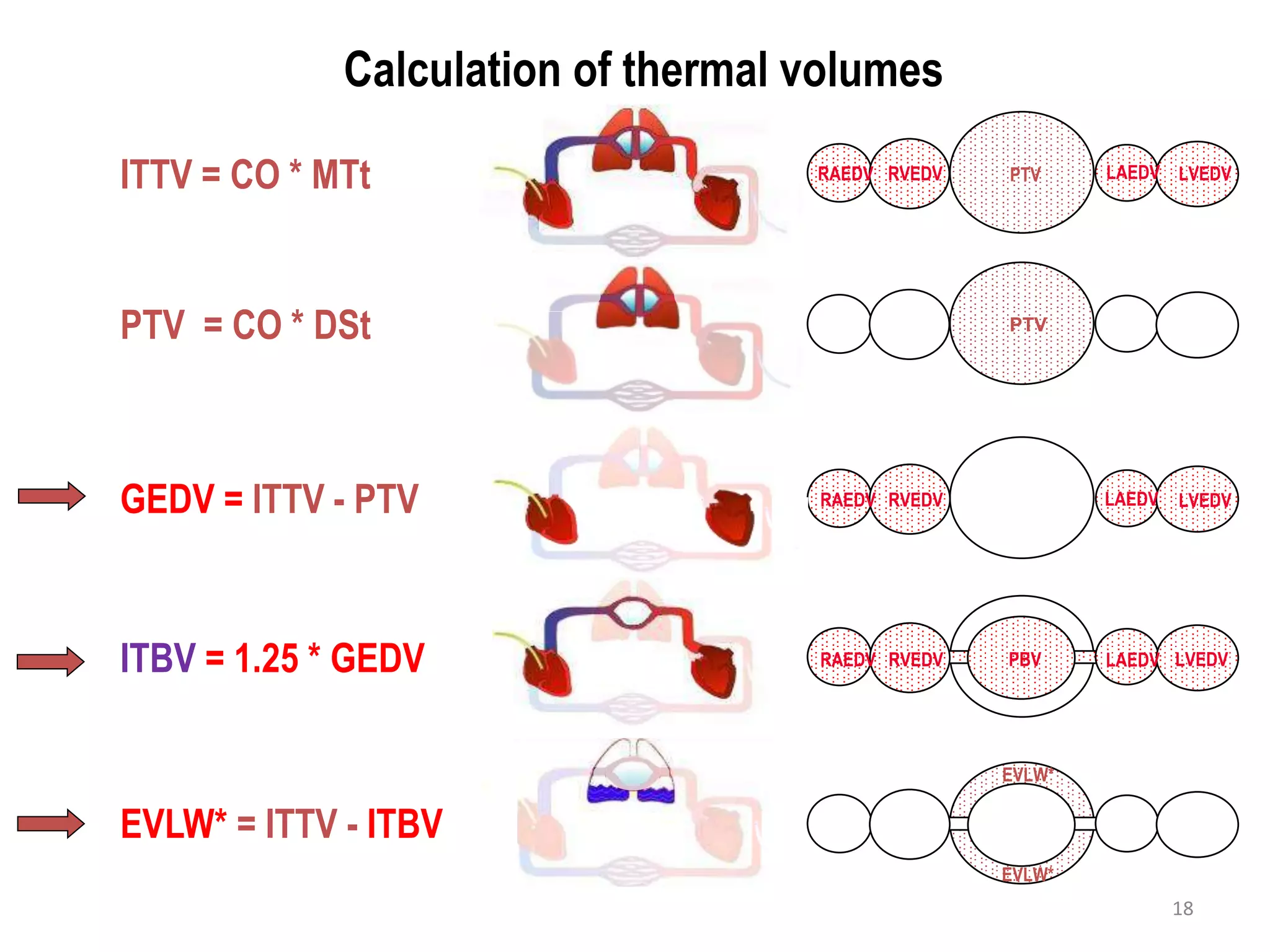 ITTV = CO * MTt
PTV = CO * DSt
ITBV = 1.25 * GEDV
EVLW* = ITTV - ITBV
GEDV = ITTV - PTV RAEDV RVEDV LAEDV LVEDV
RAEDV RVEDV LAEDV LVEDVPBV
RAEDV RVEDV LAEDV LVEDVPTV
PTV
EVLW*
EVLW*
Calculation of thermal volumes
18
 