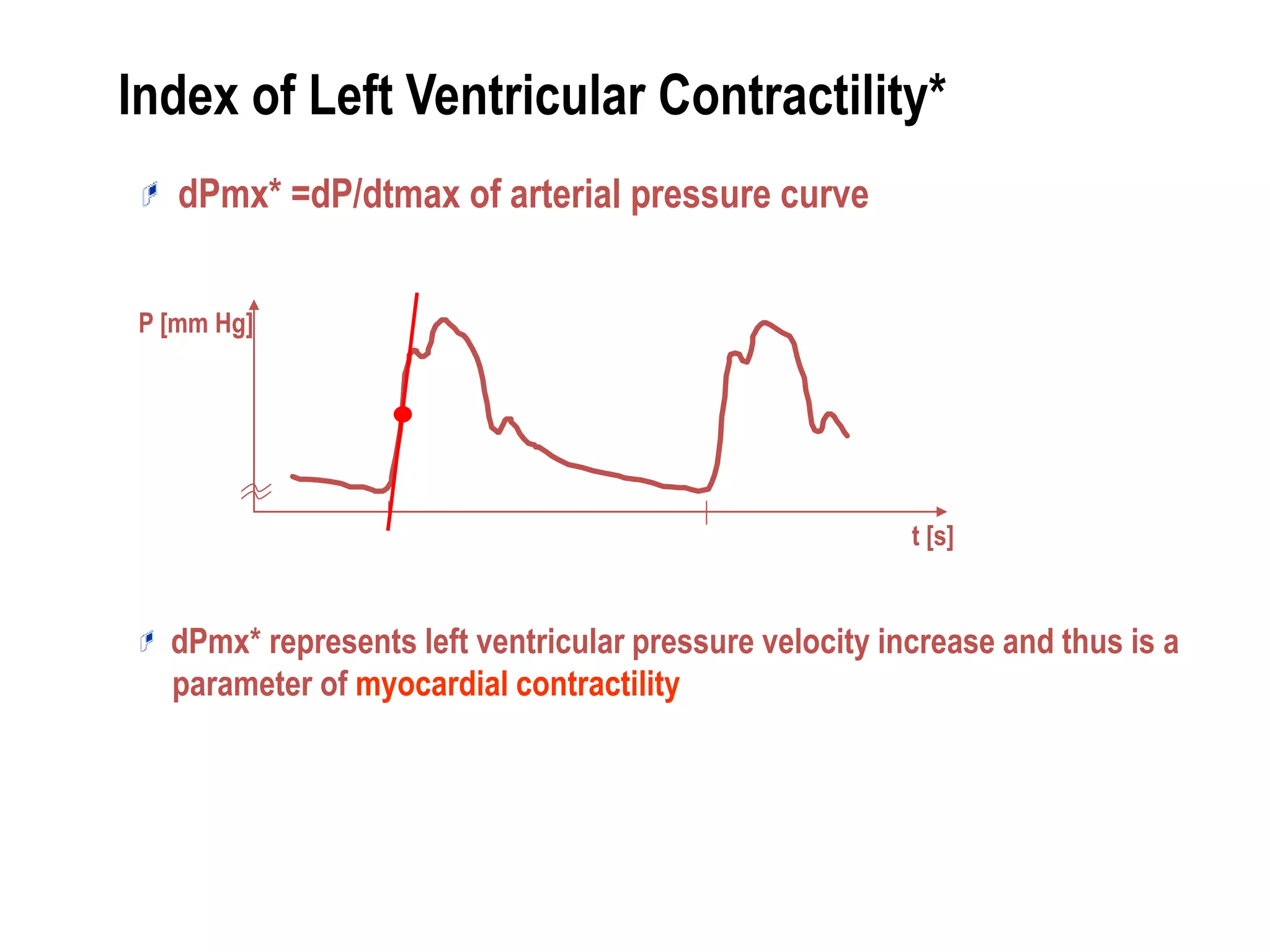 Index of Left Ventricular Contractility*
t [s]
P [mm Hg]
dPmx* =dP/dtmax of arterial pressure curve
dPmx* represents left ventricular pressure velocity increase and thus is a
parameter of myocardial contractility
 