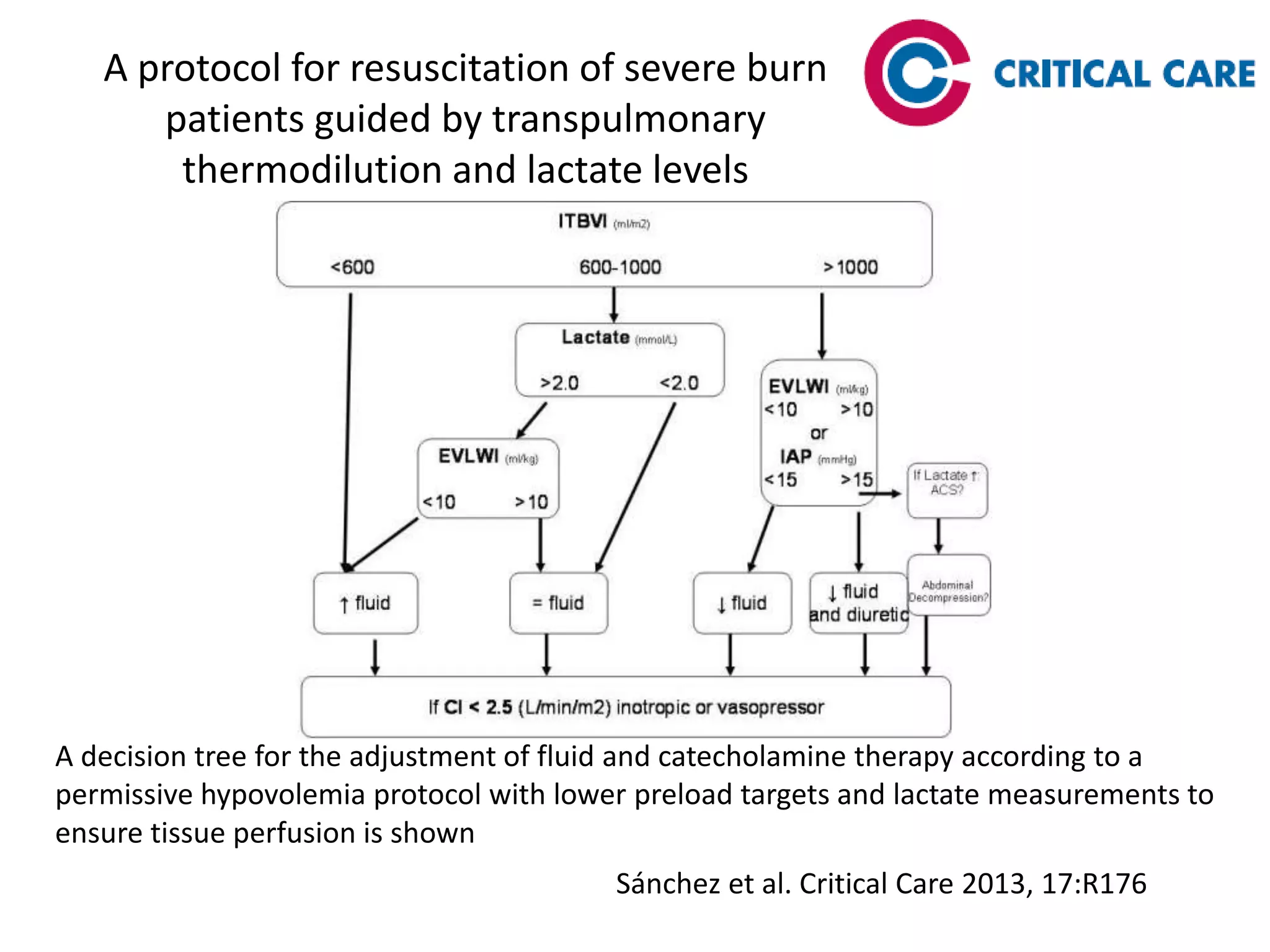 A protocol for resuscitation of severe burn
patients guided by transpulmonary
thermodilution and lactate levels
A decision tree for the adjustment of fluid and catecholamine therapy according to a
permissive hypovolemia protocol with lower preload targets and lactate measurements to
ensure tissue perfusion is shown
Sánchez et al. Critical Care 2013, 17:R176
 