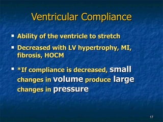 Ventricular Compliance <ul><li>Ability of the ventricle to stretch </li></ul><ul><li>Decreased with LV hypertrophy, MI, fi...
