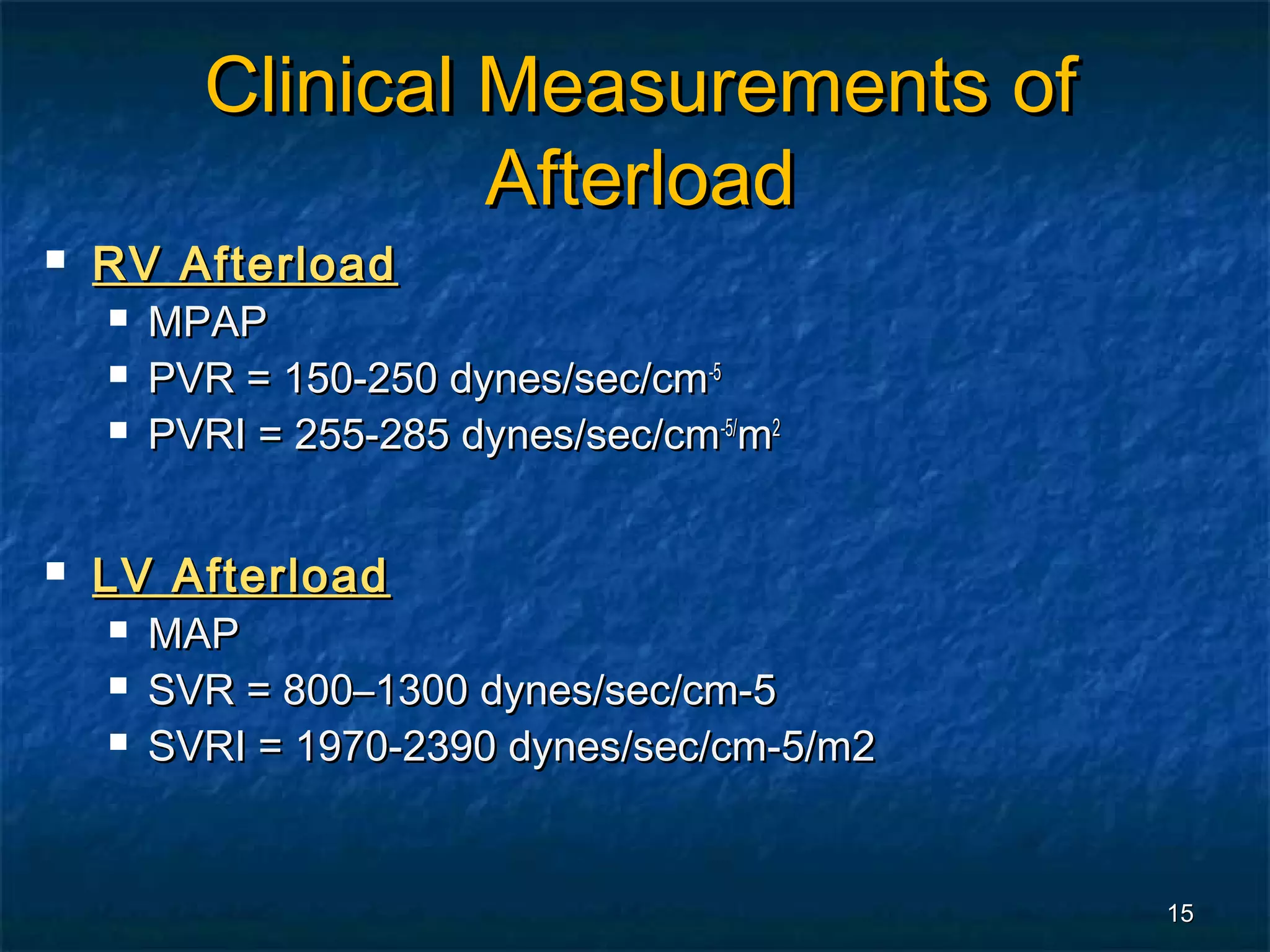 Clinical Measurements of
                   Afterload
   RV Afterload
       MPAP
       PVR = 150-250 dynes/sec/cm-5
       PVRI = 255-285 dynes/sec/cm-5/m2


   LV Afterload
       MAP
       SVR = 800–1300 dynes/sec/cm-5
       SVRI = 1970-2390 dynes/sec/cm-5/m2


                                             15
 