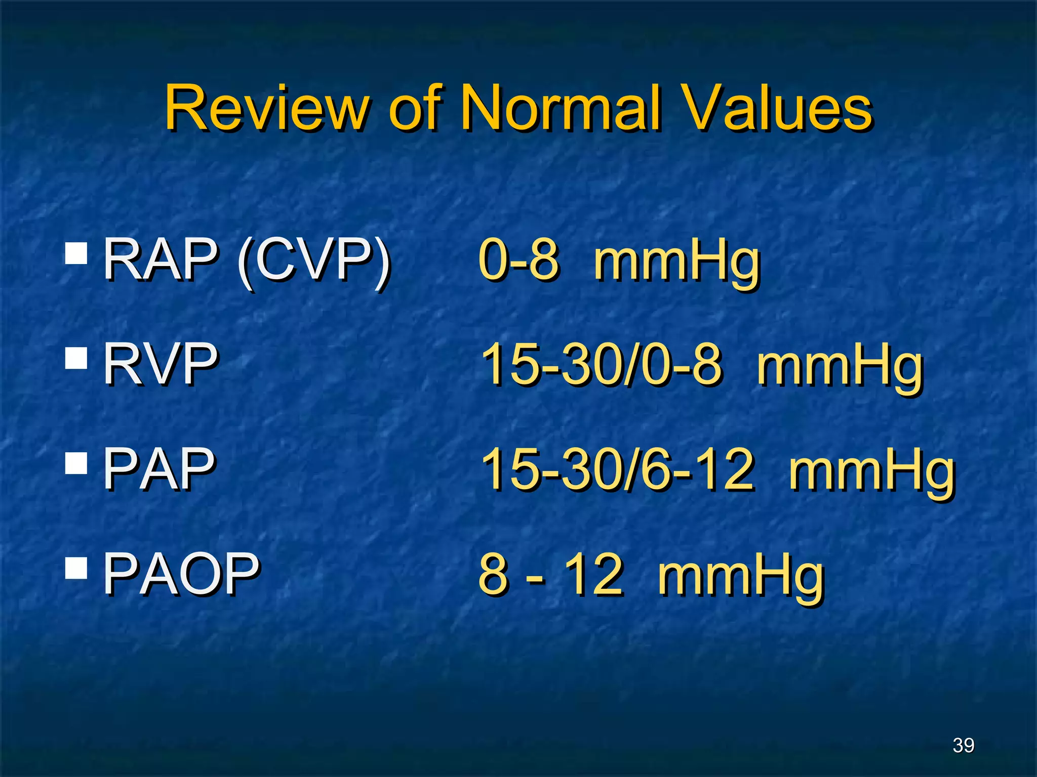 Review of Normal Values

 RAP   (CVP)   0-8 mmHg
 RVP           15-30/0-8 mmHg
 PAP           15-30/6-12 mmHg
 PAOP          8 - 12 mmHg

                                 39
 