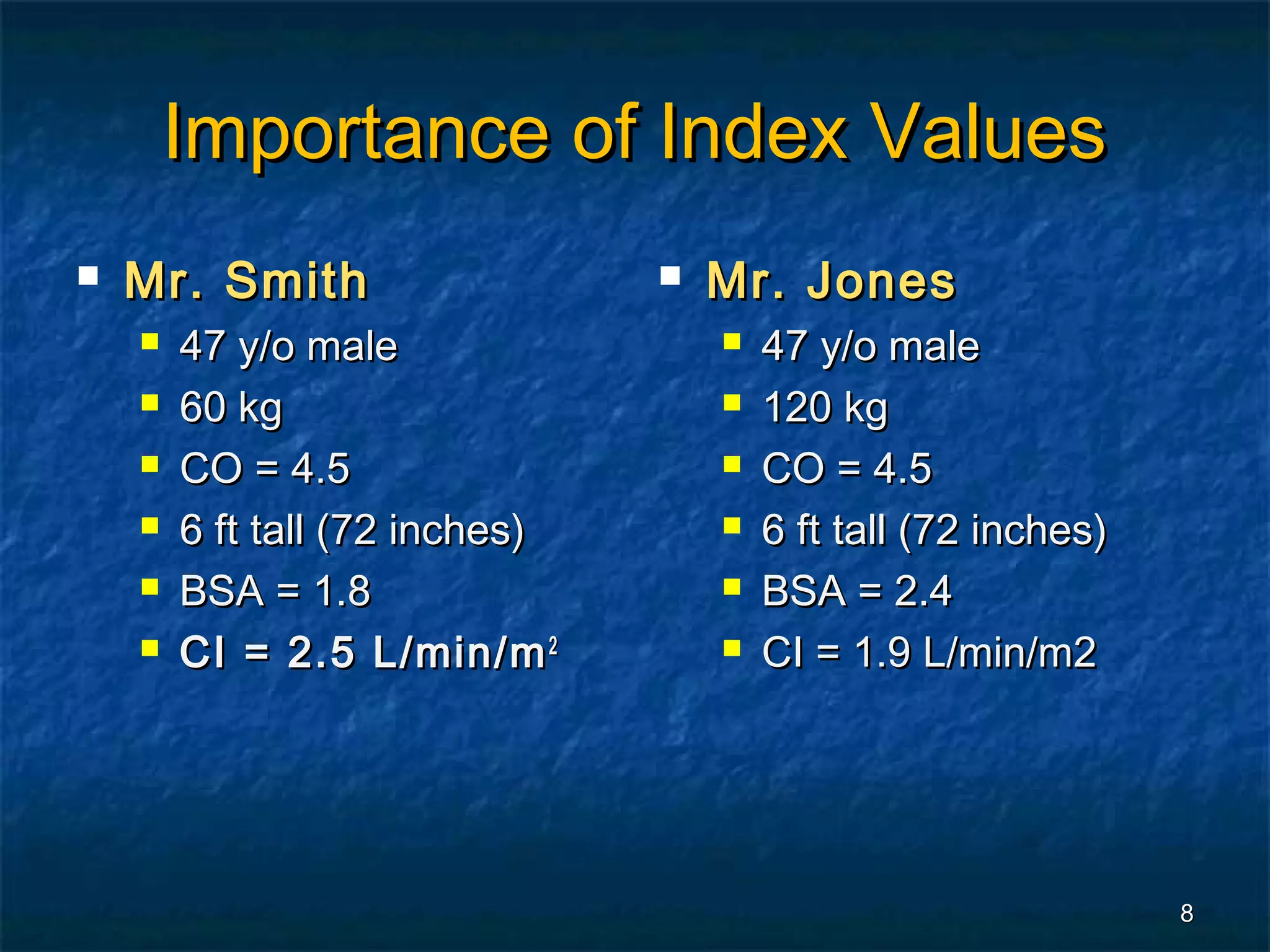 Importance of Index Values
   Mr. Smith                      Mr. Jones
       47 y/o male                    47 y/o male
       60 kg                          120 kg
       CO = 4.5                       CO = 4.5
       6 ft tall (72 inches)          6 ft tall (72 inches)
       BSA = 1.8                      BSA = 2.4
       CI = 2.5 L/min/m 2             CI = 1.9 L/min/m2




                                                                8
 