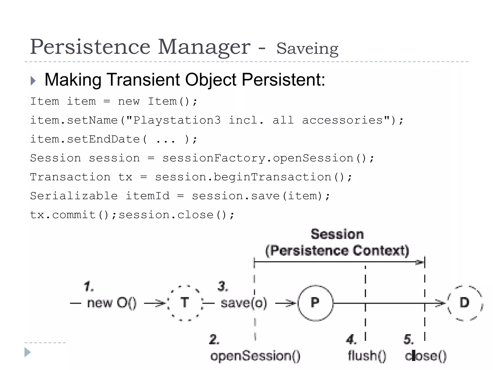 Persistence Manager -            Saveing
   Making Transient Object Persistent:
Item item = new Item();
item.setName("Playstation3 incl. all accessories");
item.setEndDate( ... );
Session session = sessionFactory.openSession();
Transaction tx = session.beginTransaction();
Serializable itemId = session.save(item);
tx.commit();session.close();
 
