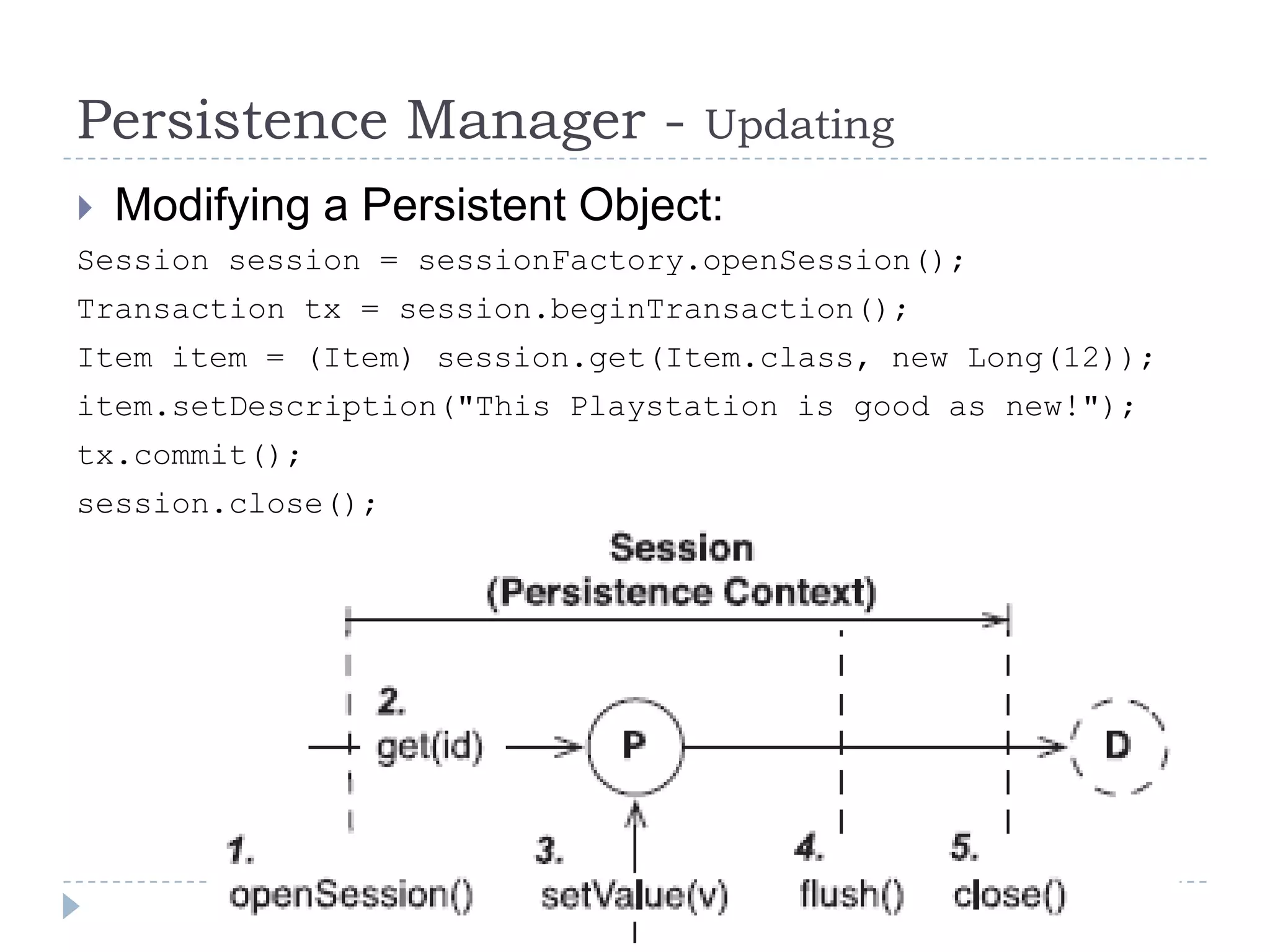 Persistence Manager -            Updating
   Modifying a Persistent Object:
Session session = sessionFactory.openSession();
Transaction tx = session.beginTransaction();
Item item = (Item) session.get(Item.class, new Long(12));
item.setDescription("This Playstation is good as new!");
tx.commit();
session.close();
 