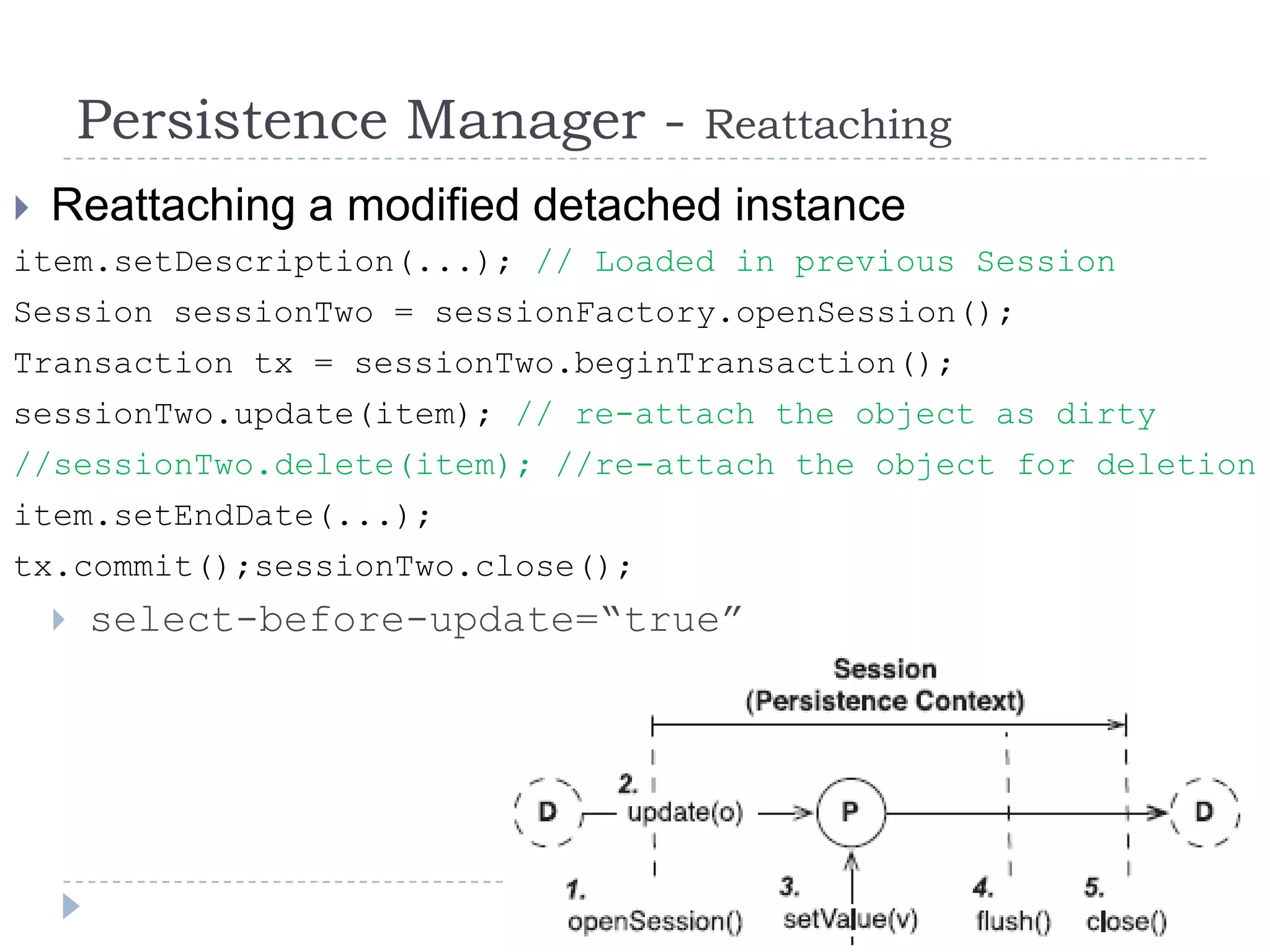 Persistence Manager -        Reattaching
 Reattaching a modified detached instance
item.setDescription(...); // Loaded in previous Session
Session sessionTwo = sessionFactory.openSession();
Transaction tx = sessionTwo.beginTransaction();
sessionTwo.update(item); // re-attach the object as dirty
//sessionTwo.delete(item); //re-attach the object for deletion
item.setEndDate(...);
tx.commit();sessionTwo.close();
    select-before-update=“true”
 