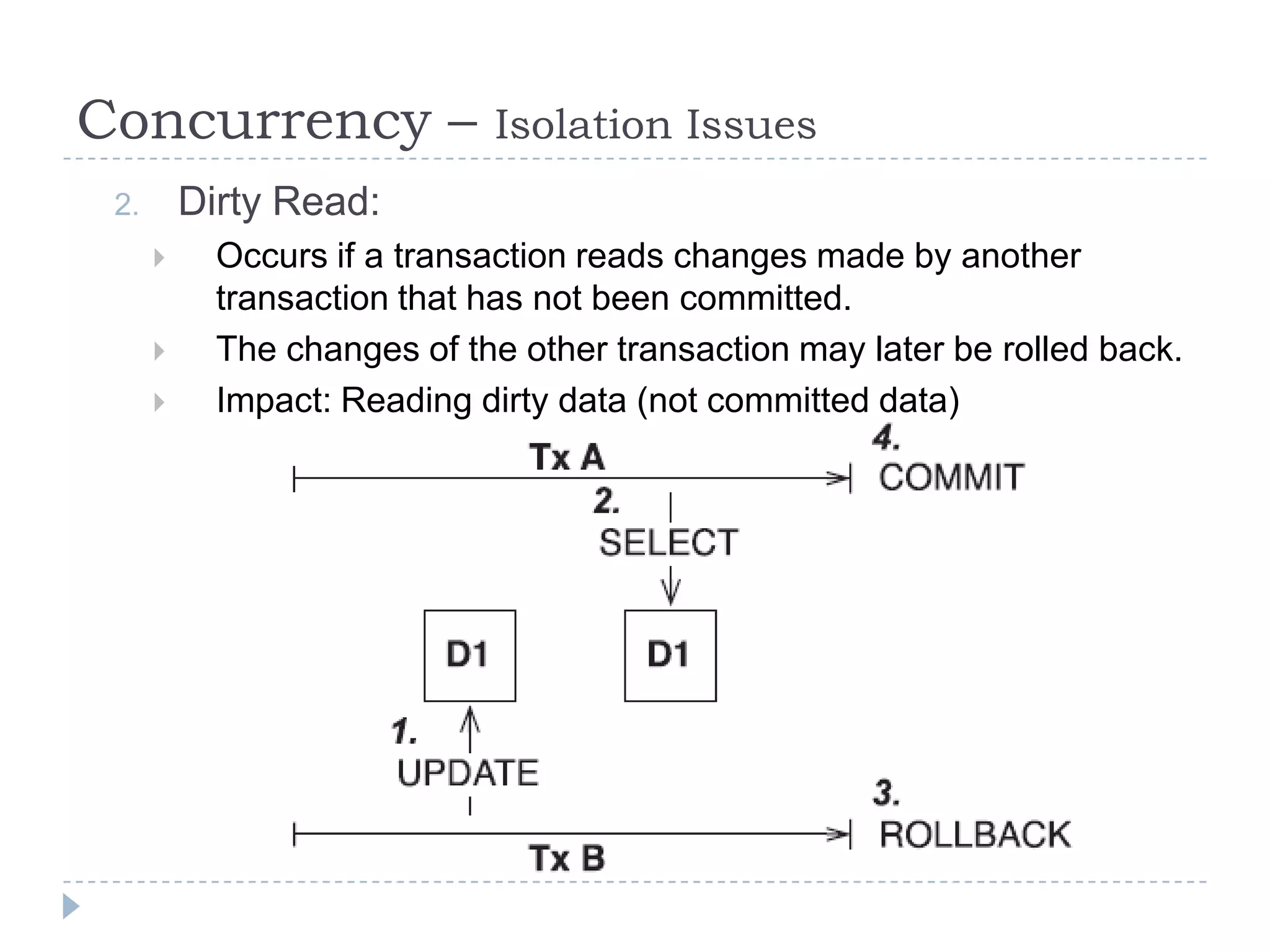 Concurrency –                Isolation Issues
 2.       Dirty Read:
           Occurs if a transaction reads changes made by another
            transaction that has not been committed.
           The changes of the other transaction may later be rolled back.
           Impact: Reading dirty data (not committed data)
 