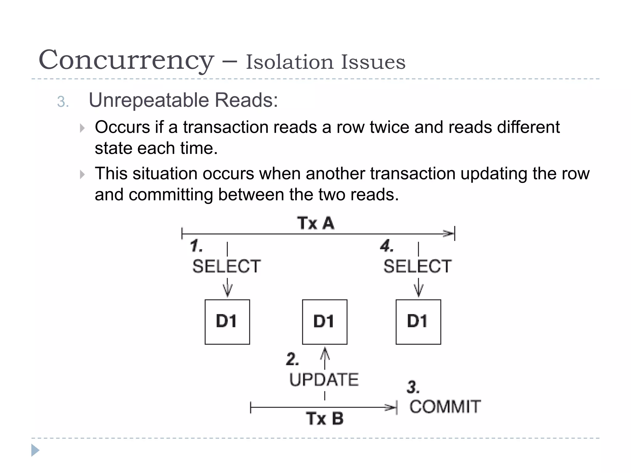 Concurrency –                Isolation Issues
 3.       Unrepeatable Reads:
         Occurs if a transaction reads a row twice and reads different
          state each time.
         This situation occurs when another transaction updating the row
          and committing between the two reads.
 