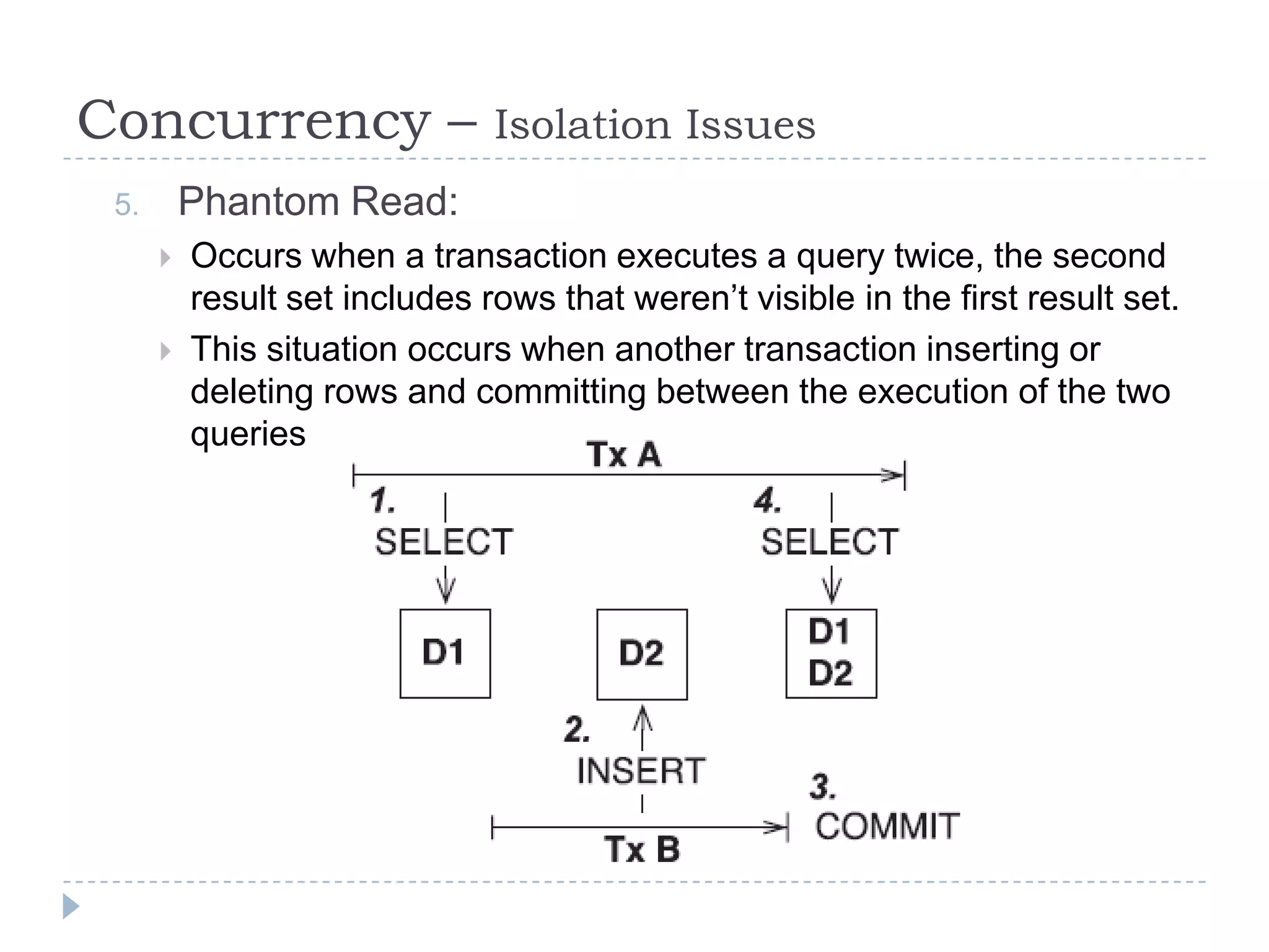 Concurrency –                  Isolation Issues
 5.       Phantom Read:
         Occurs when a transaction executes a query twice, the second
          result set includes rows that weren’t visible in the first result set.
         This situation occurs when another transaction inserting or
          deleting rows and committing between the execution of the two
          queries
 